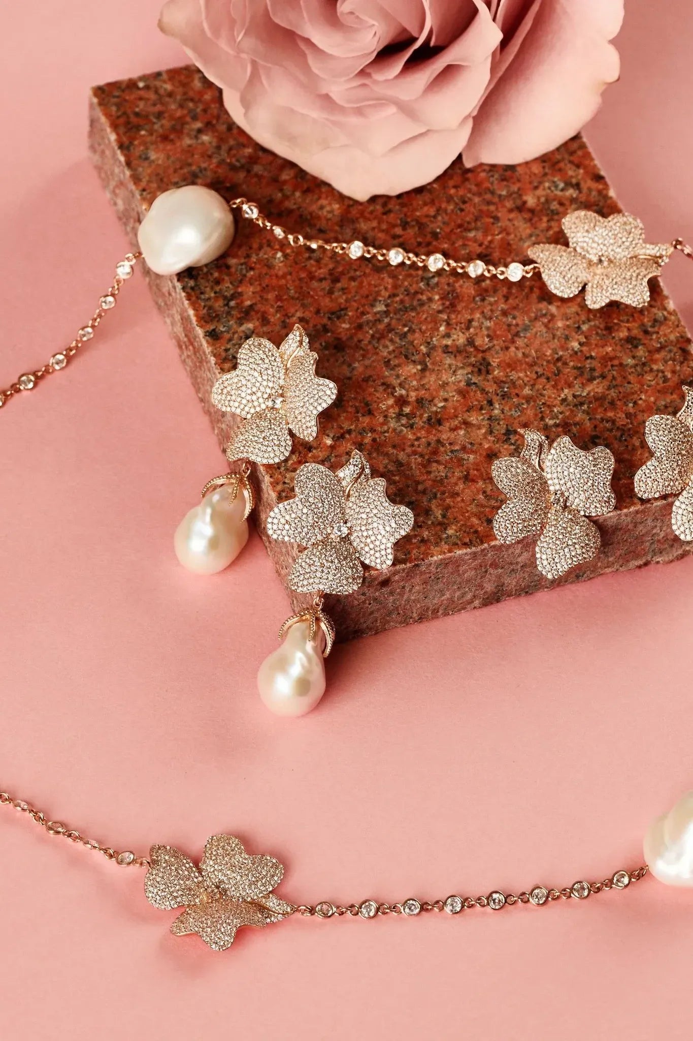 Baroque Pearl White Flower Drop Earrings Rosegold - LATELITA Earrings