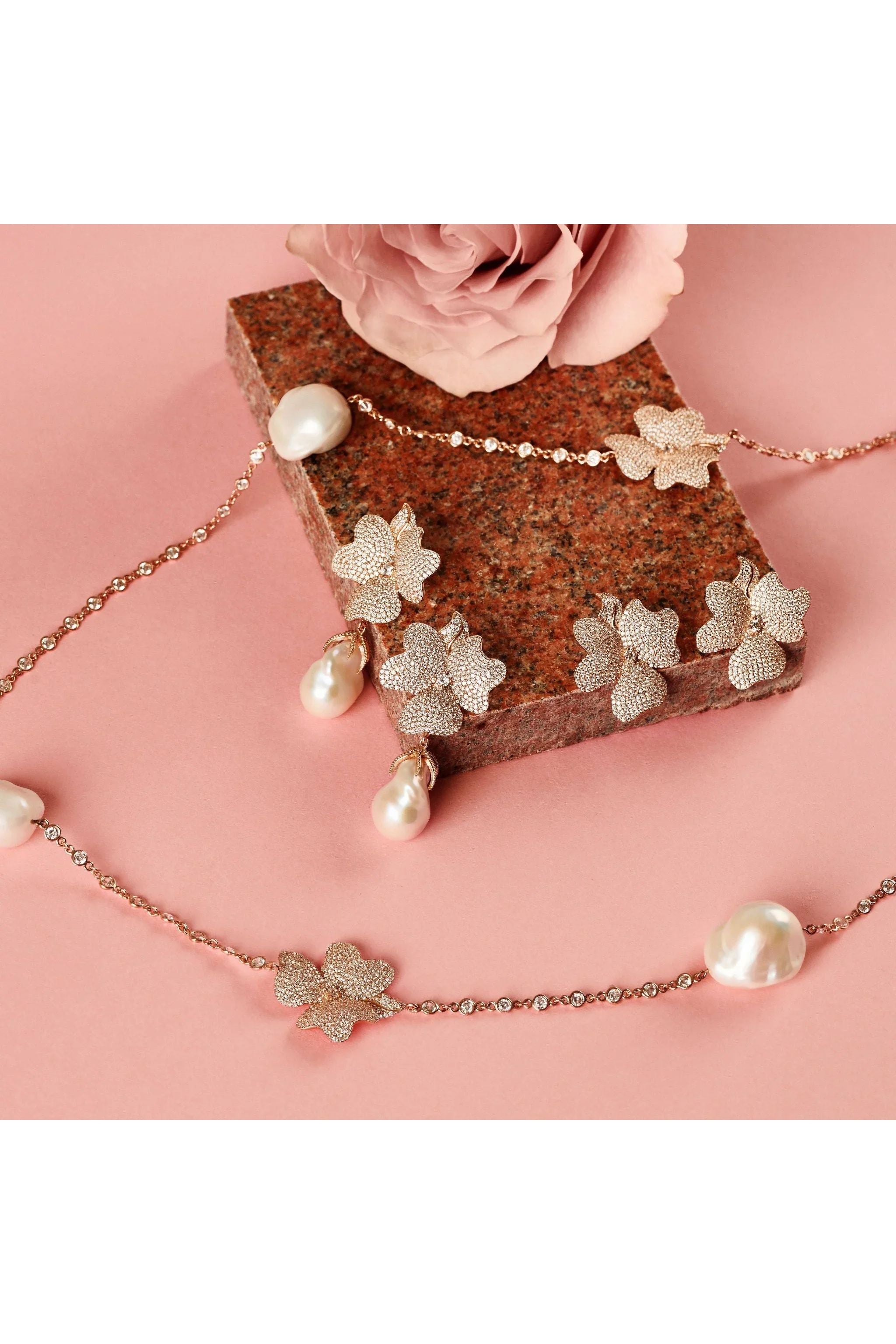 Baroque Pearl White Flower Drop Earrings Rosegold - LATELITA Earrings