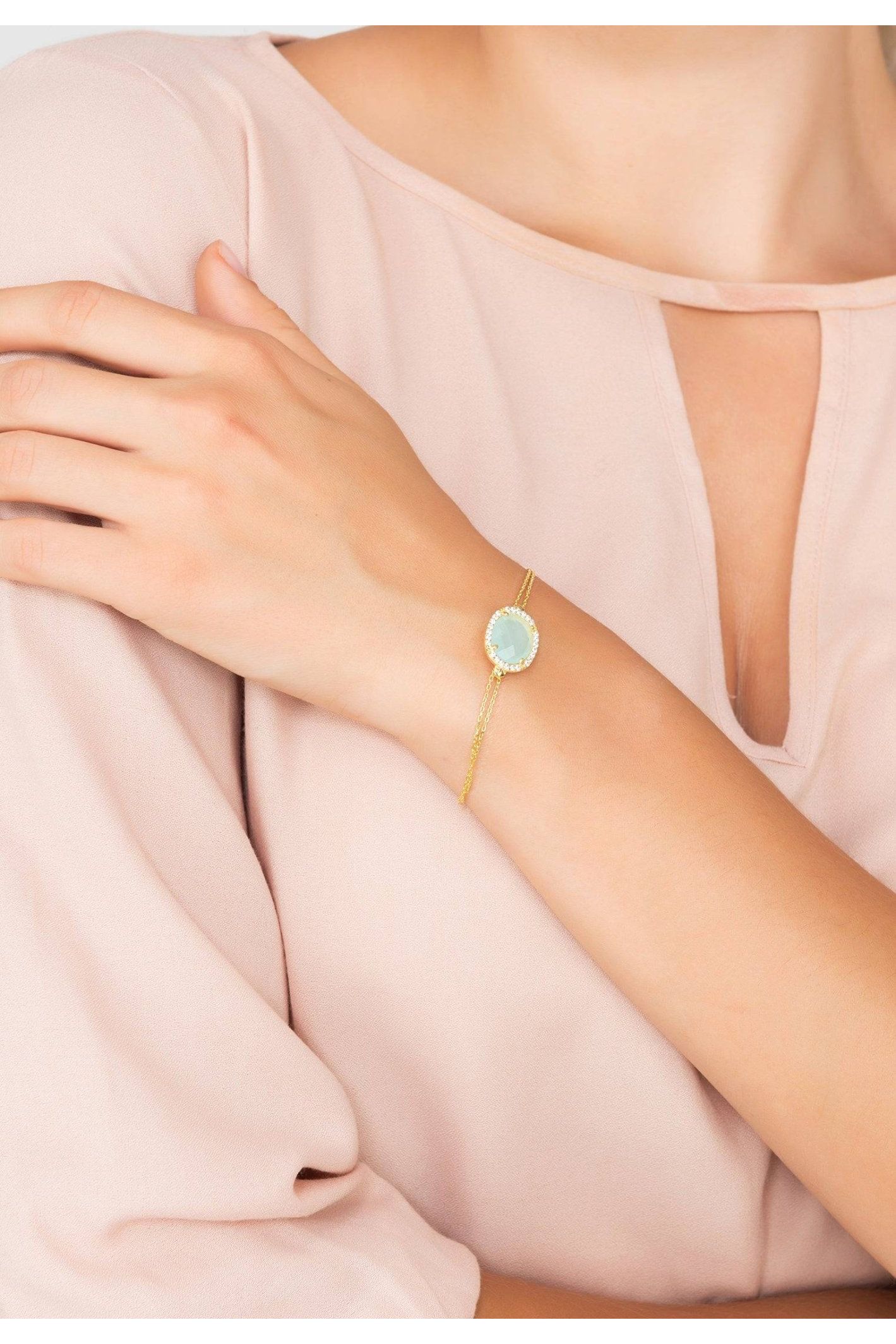 Beatrice Oval Gemstone Bracelet Gold Aqua Chalcedony - LATELITA Bracelets