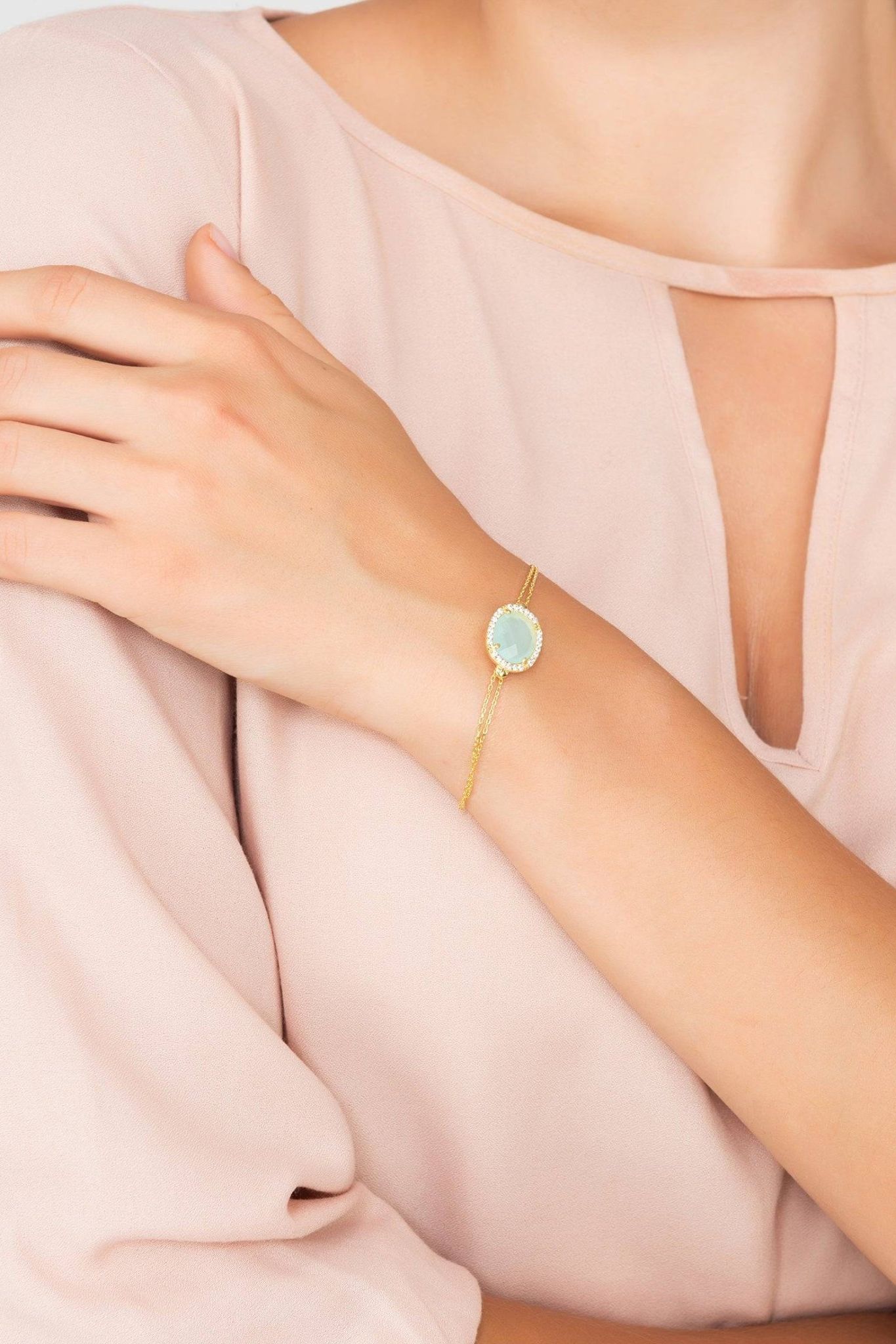 Beatrice Oval Gemstone Bracelet Gold Aqua Chalcedony - LATELITA Bracelets