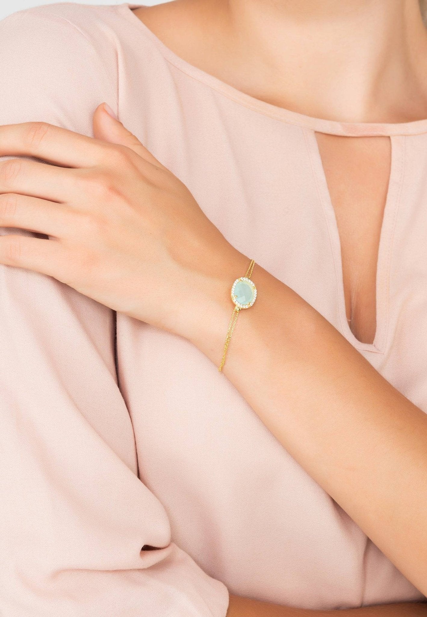 Beatrice Oval Gemstone Bracelet Gold Aqua Chalcedony - LATELITA Bracelets