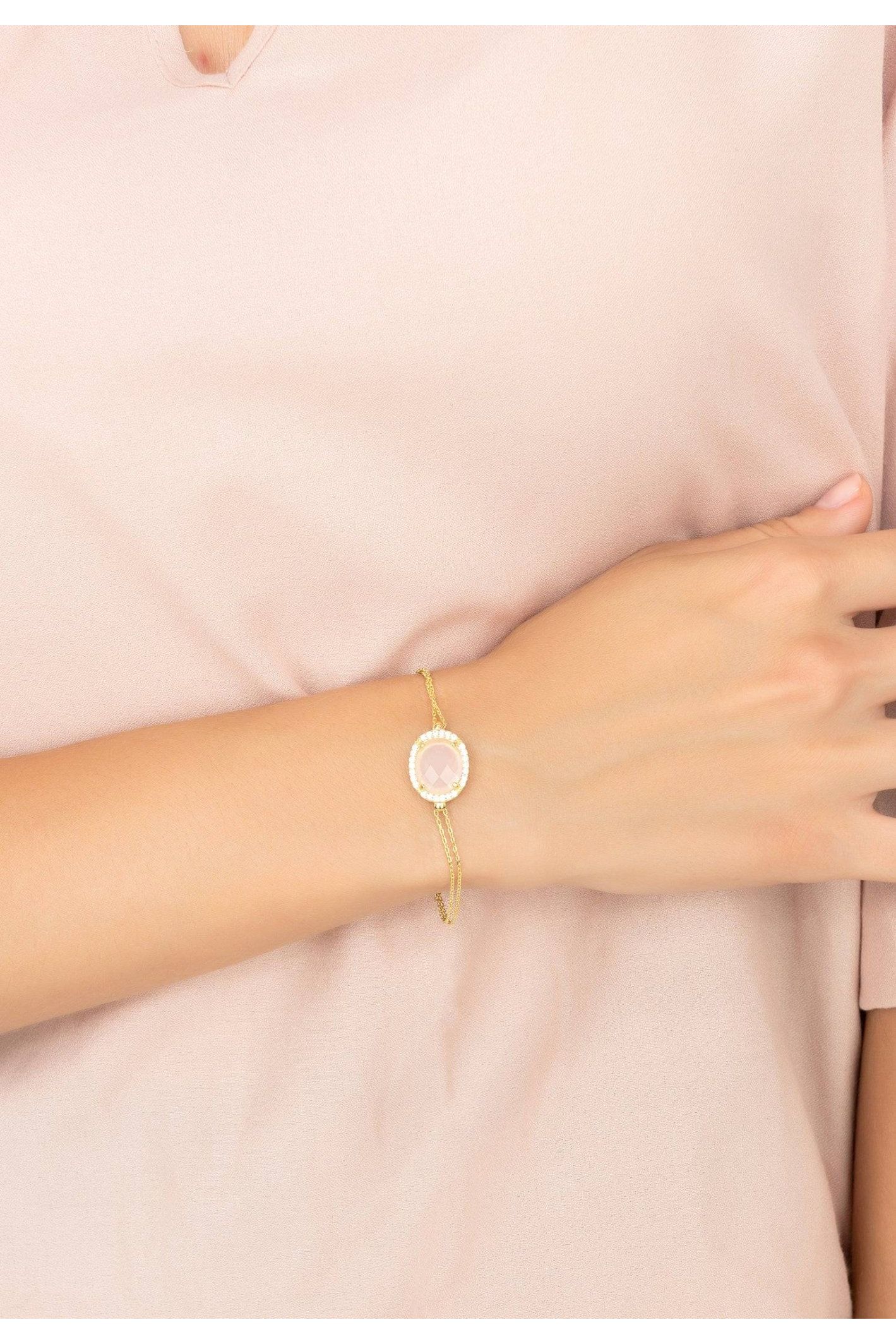 Beatrice Oval Gemstone Bracelet Gold Rose Quartz - LATELITA Bracelets