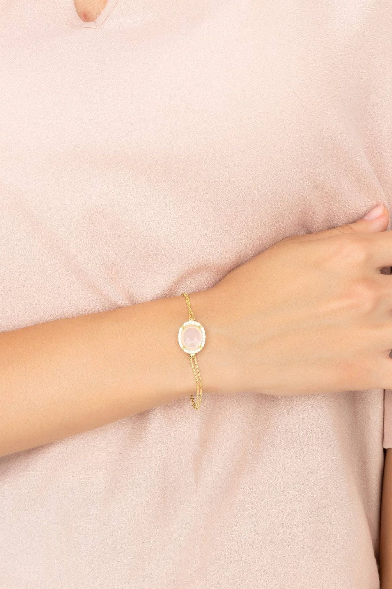 Beatrice Oval Gemstone Bracelet Gold Rose Quartz - LATELITA Bracelets