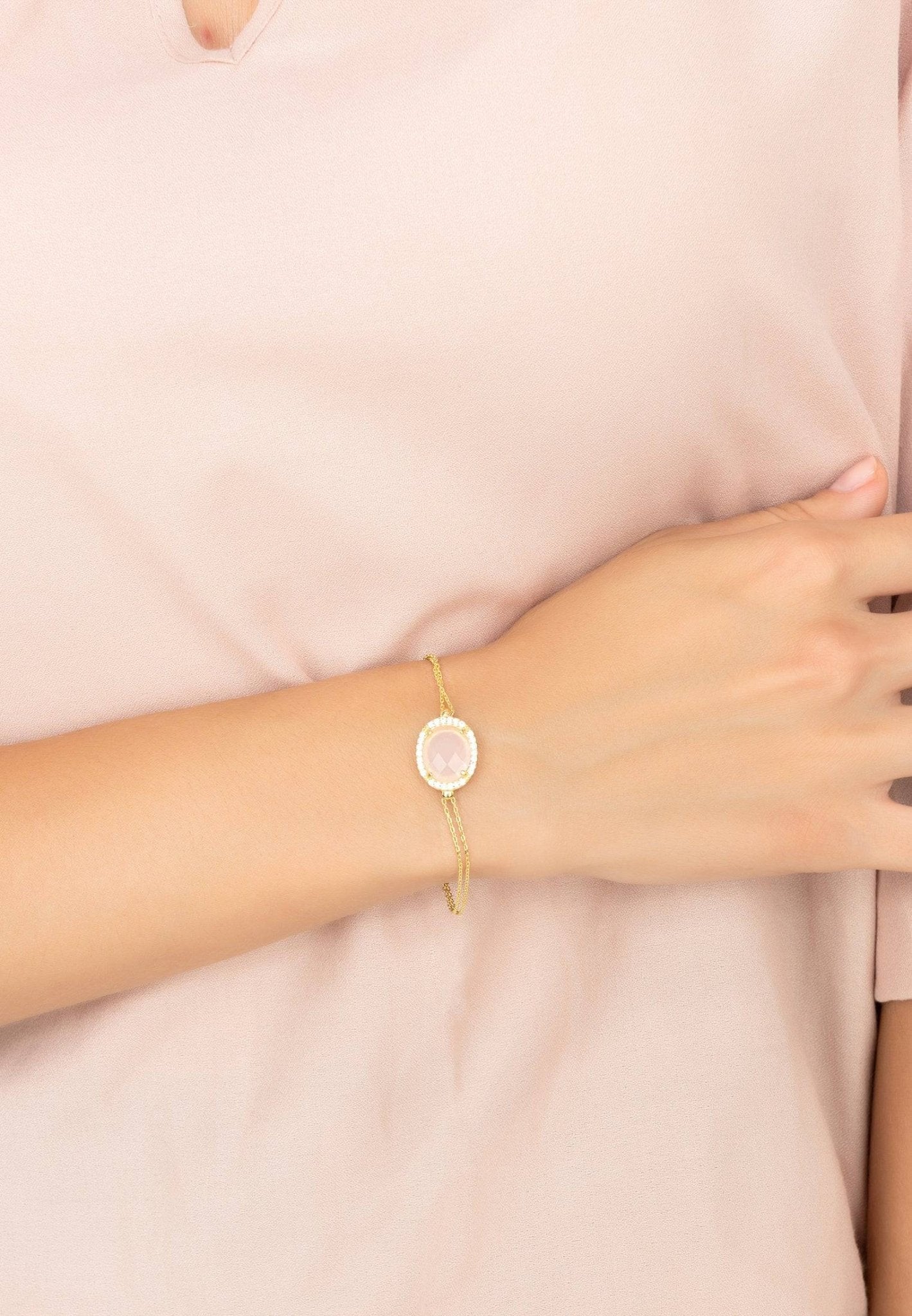 Beatrice Oval Gemstone Bracelet Gold Rose Quartz - LATELITA Bracelets