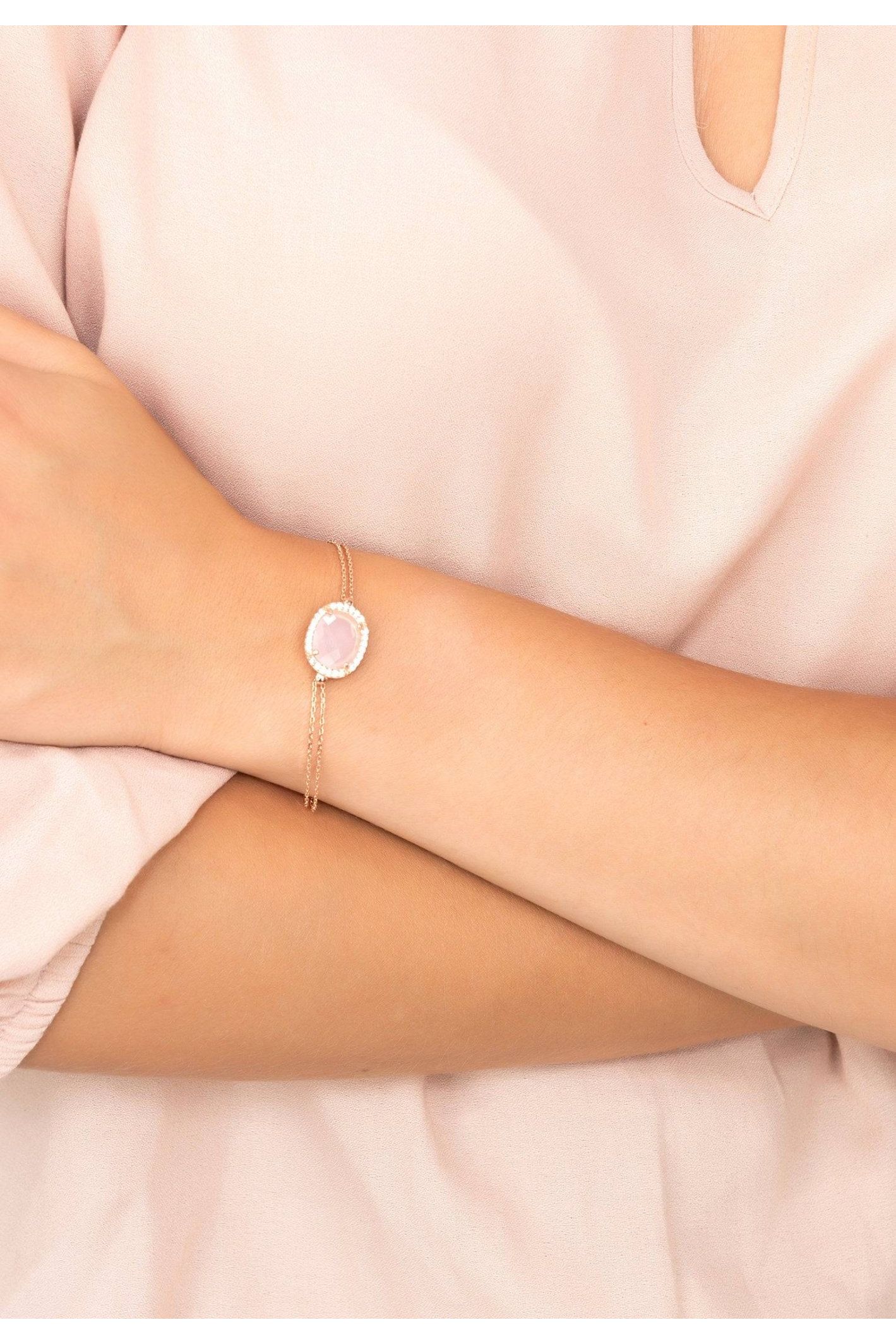 Beatrice Oval Gemstone Bracelet Rose Gold Rose Quartz - LATELITA Bracelets