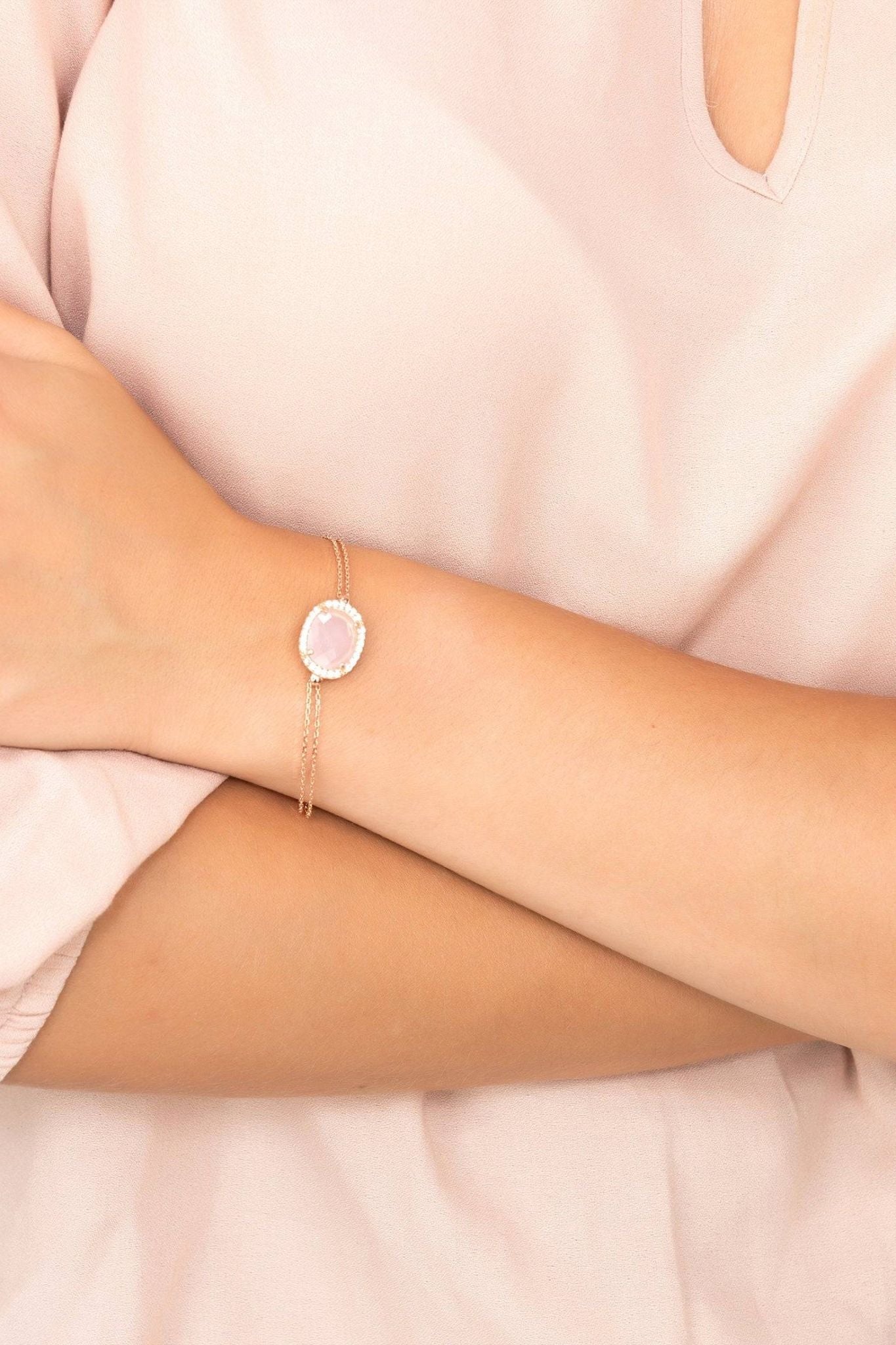 Beatrice Oval Gemstone Bracelet Rose Gold Rose Quartz - LATELITA Bracelets