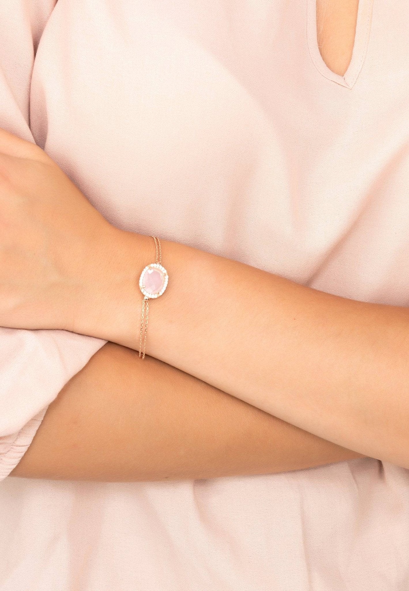 Beatrice Oval Gemstone Bracelet Rose Gold Rose Quartz - LATELITA Bracelets