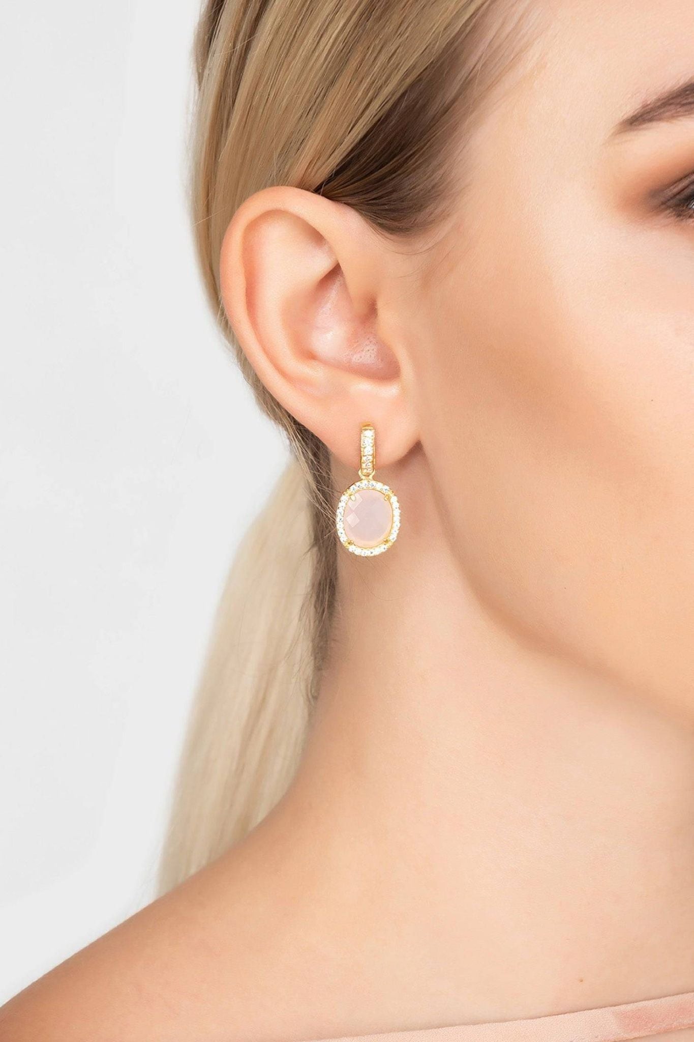 Beatrice Oval Gemstone Drop Earrings Gold Rose Quartz - LATELITA Earrings
