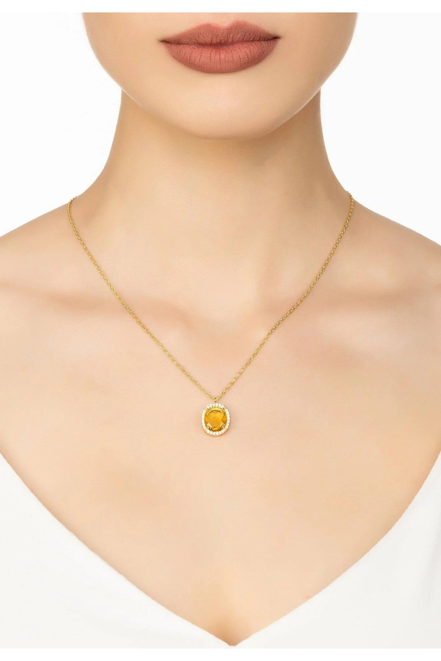 Beatrice Oval Gemstone Pendant Necklace Gold Citrine Hydro - LATELITA Necklaces