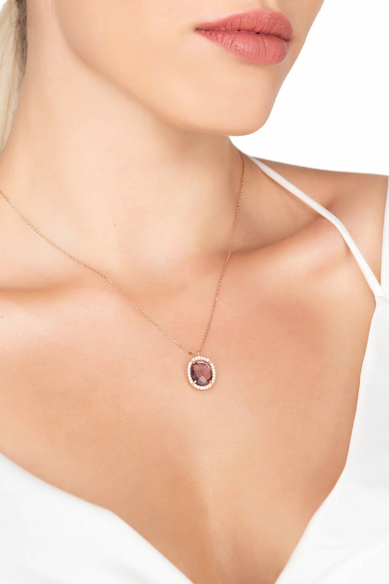 Beatrice Oval Gemstone Pendant Necklace Rose Gold Amethyst Hydro - LATELITA Necklaces