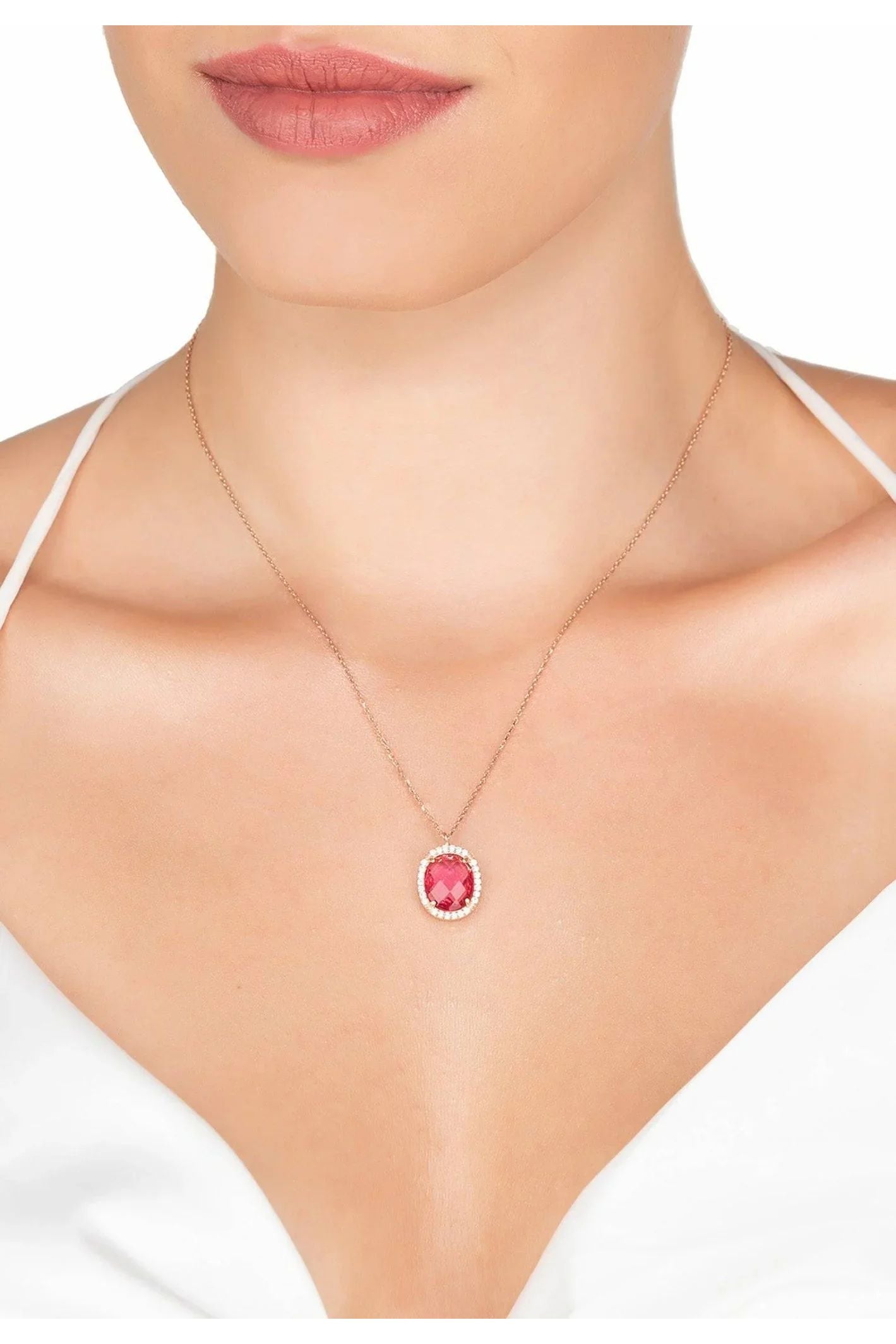 Beatrice Oval Gemstone Pendant Necklace Rose Gold Pink Tourmaline - LATELITA Necklaces