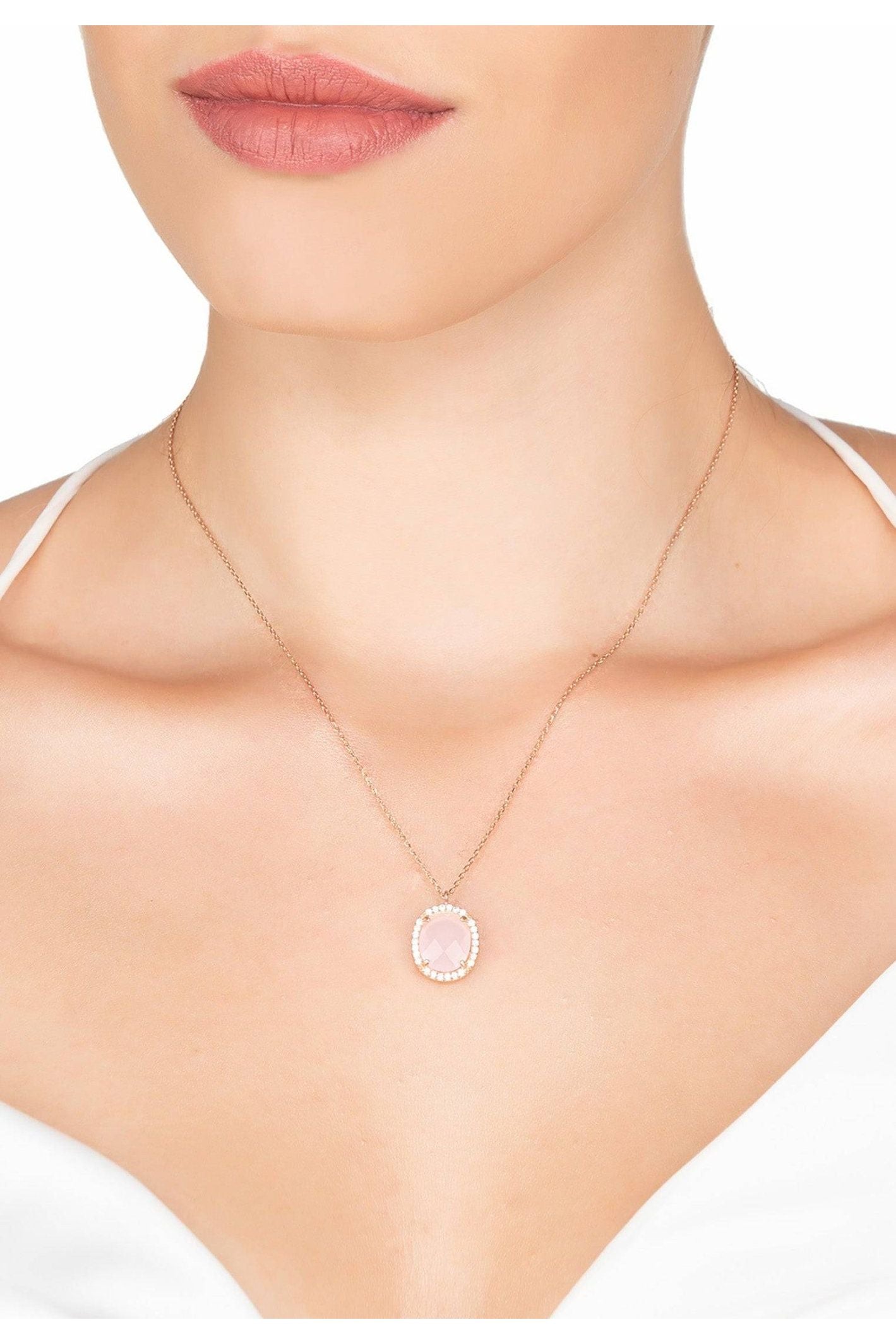 Beatrice Oval Gemstone Pendant Necklace Rose Gold Rose Quartz - LATELITA Necklaces