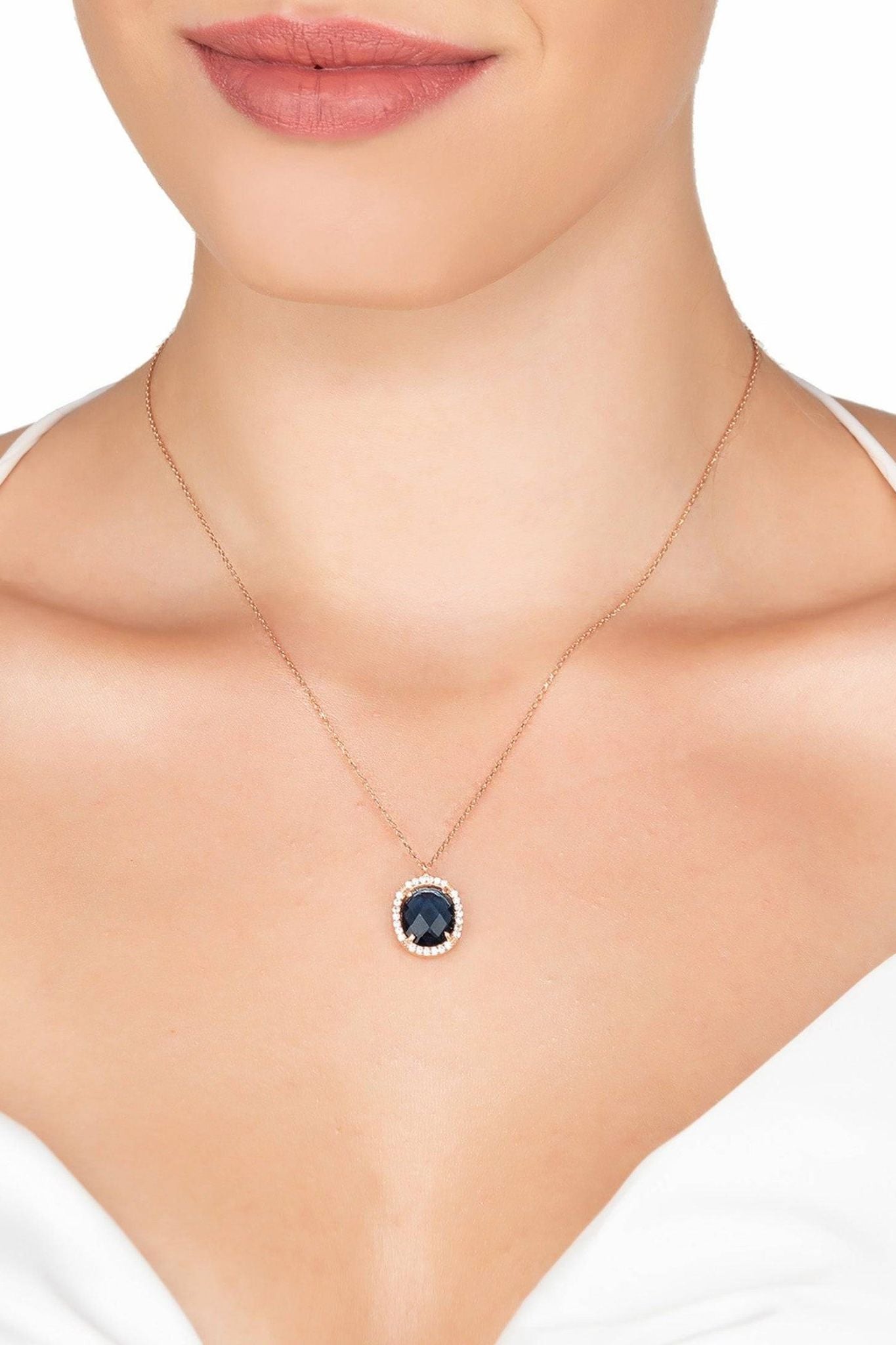 Beatrice Oval Gemstone Pendant Necklace Rose Gold Sapphire Hydro - LATELITA Necklaces