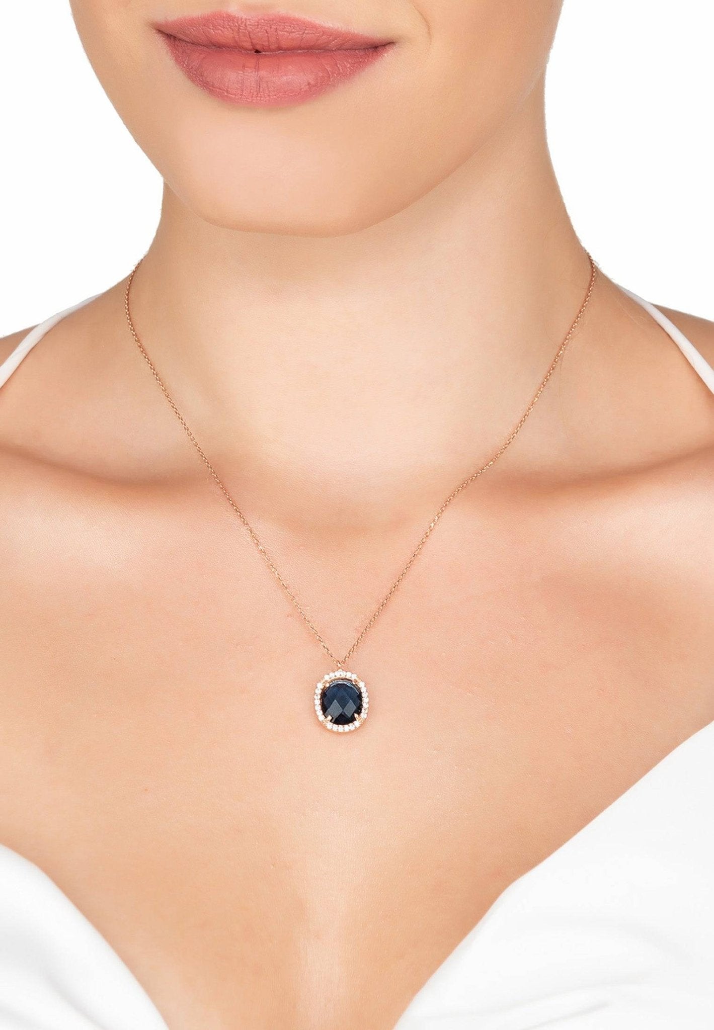Beatrice Oval Gemstone Pendant Necklace Rose Gold Sapphire Hydro - LATELITA Necklaces