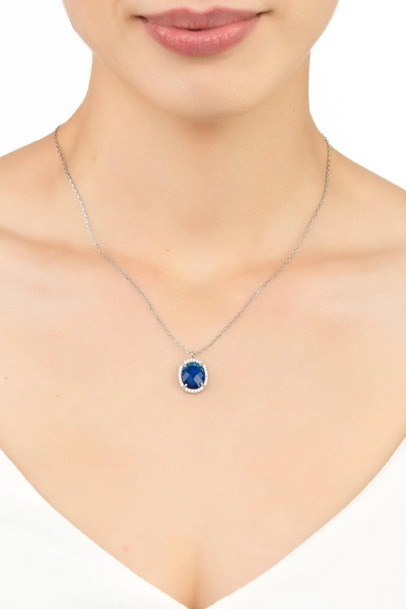 Beatrice Oval Gemstone Pendant Necklace Silver Sapphire Hydro - LATELITA Necklaces