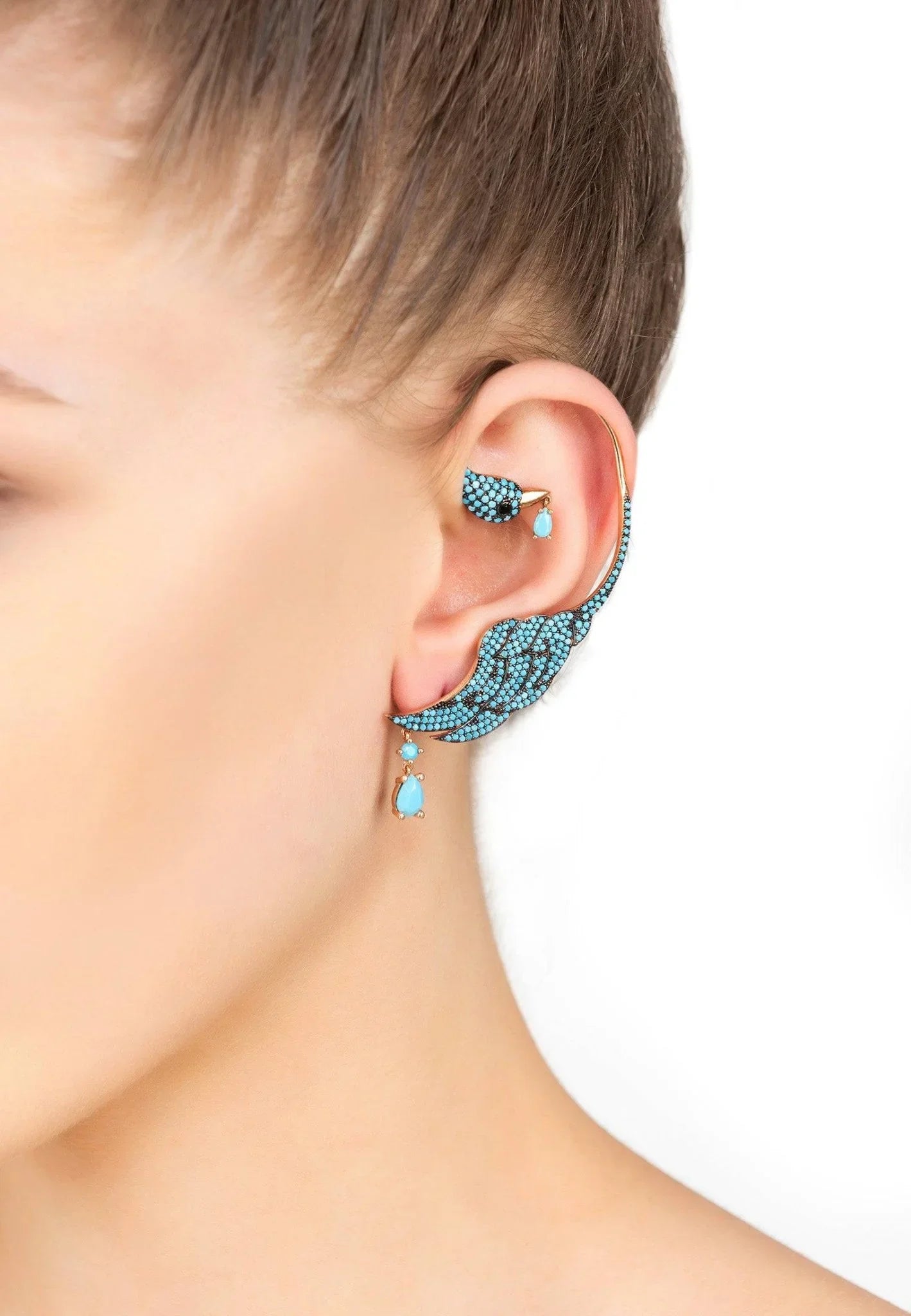 Bird Of Paradise Ear Climber Turquoise Gold Left - LATELITA Earrings