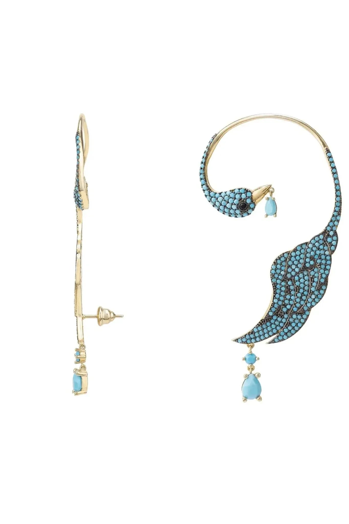 Bird Of Paradise Ear Climber Turquoise Gold Left - LATELITA Earrings