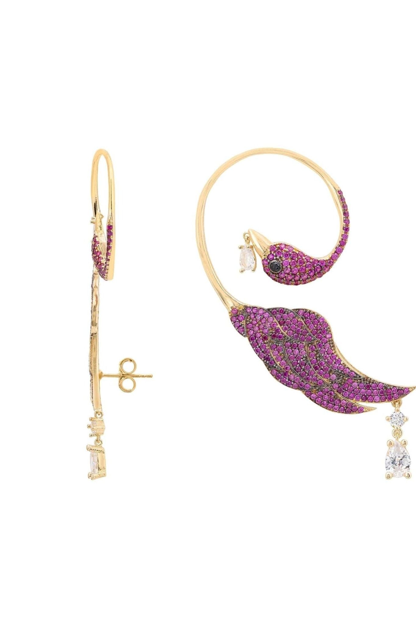Bird Paradise Ear Climber Ruby Gold Right - LATELITA Earrings