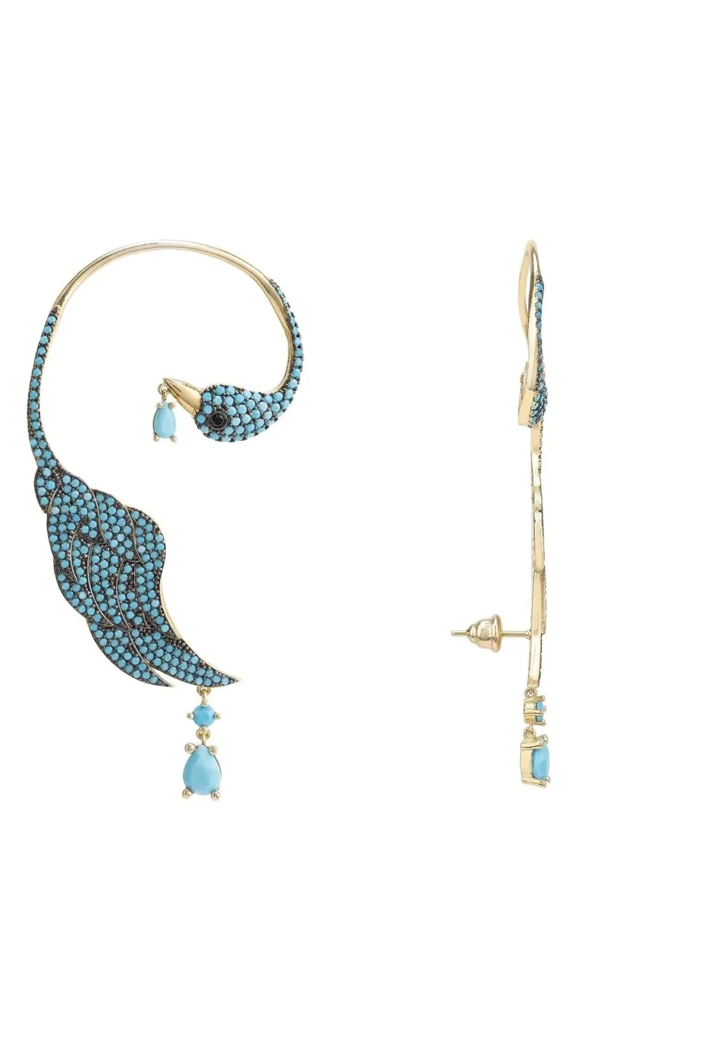 Bird Paradise Ear Climber Turquoise Gold Right - LATELITA Earrings
