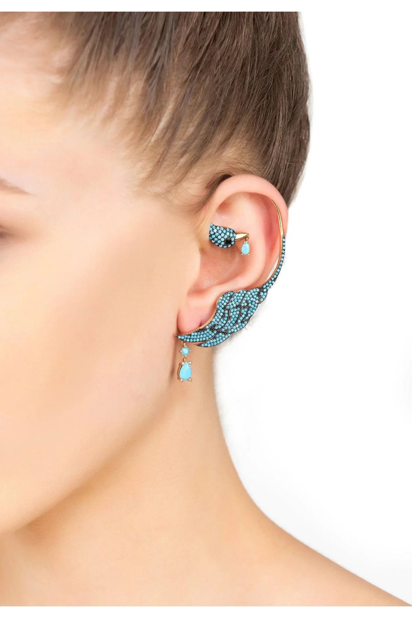 Bird Paradise Ear Climber Turquoise Gold Right - LATELITA Earrings