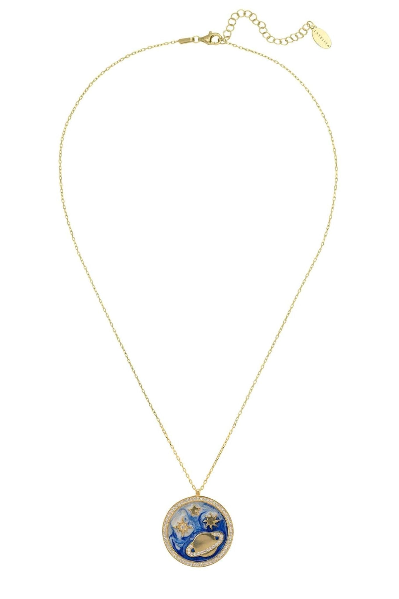 Cosmos Stars & Planet Dark Blue Enamel Necklace Gold - LATELITA Necklaces