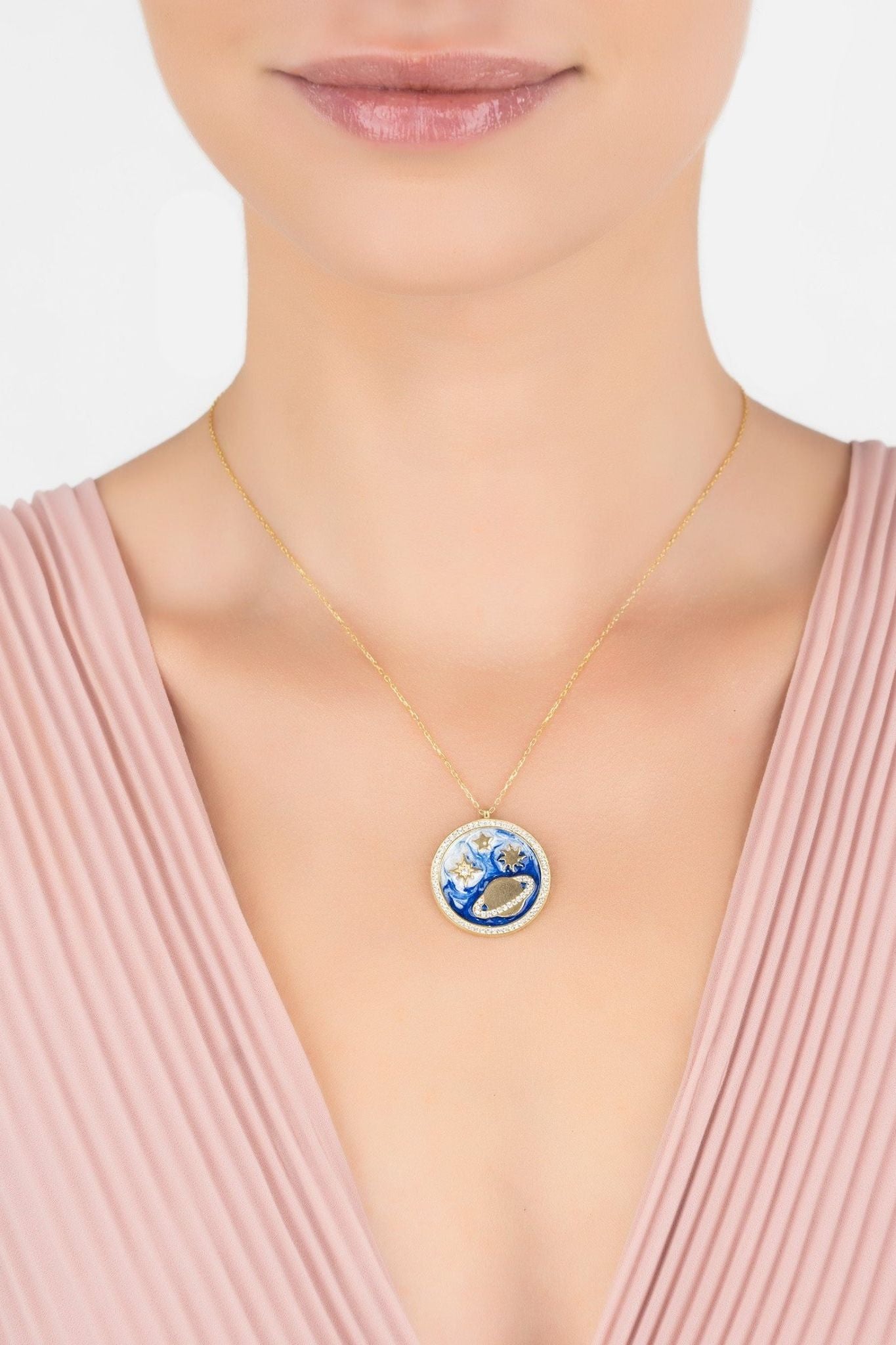 Cosmos Stars & Planet Dark Blue Enamel Necklace Gold - LATELITA Necklaces