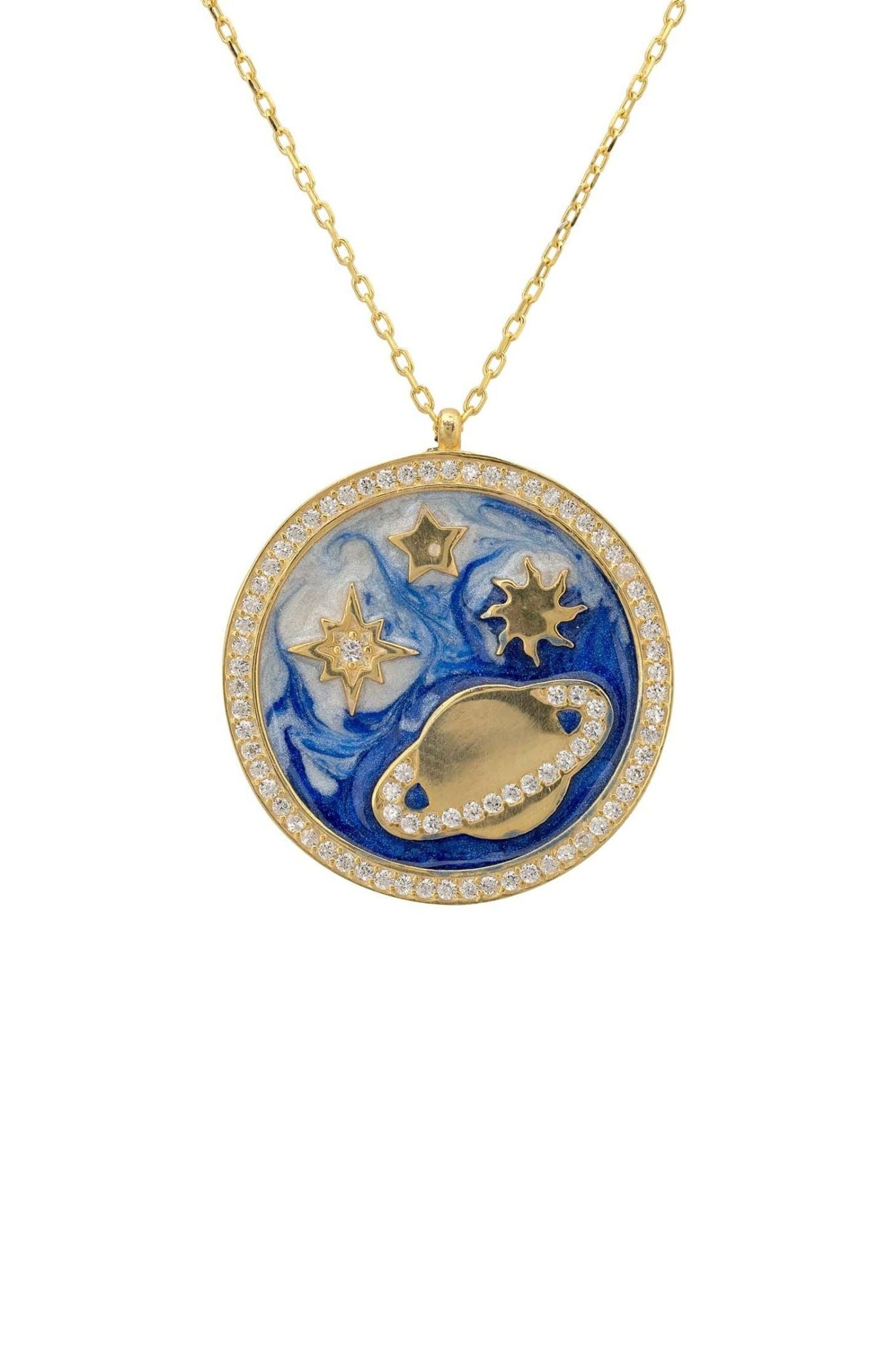 Cosmos Stars & Planet Dark Blue Enamel Necklace Gold - LATELITA Necklaces