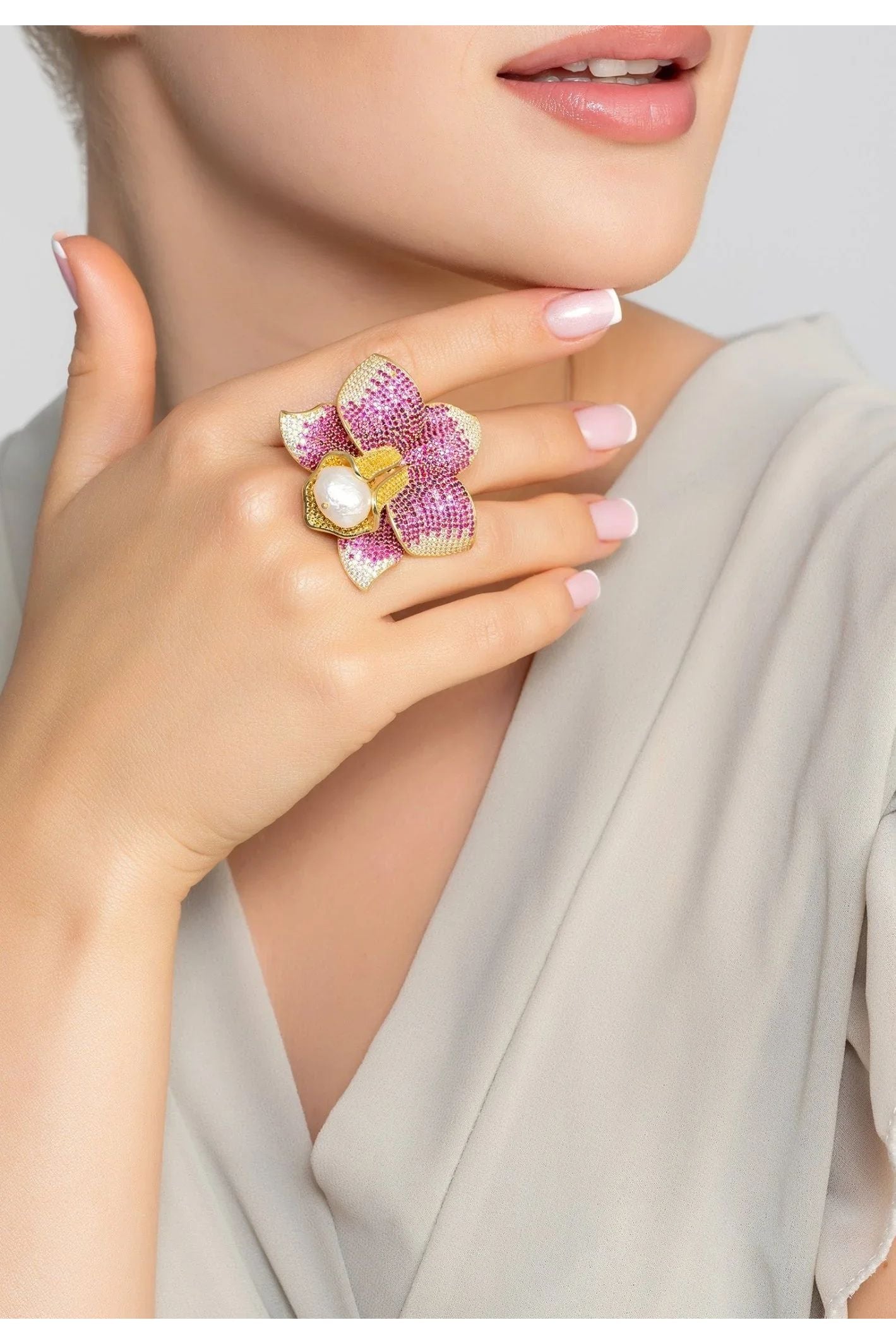 Daffodil With Pearl Cocktail Ring Gold Ruby CZ - LATELITA Rings