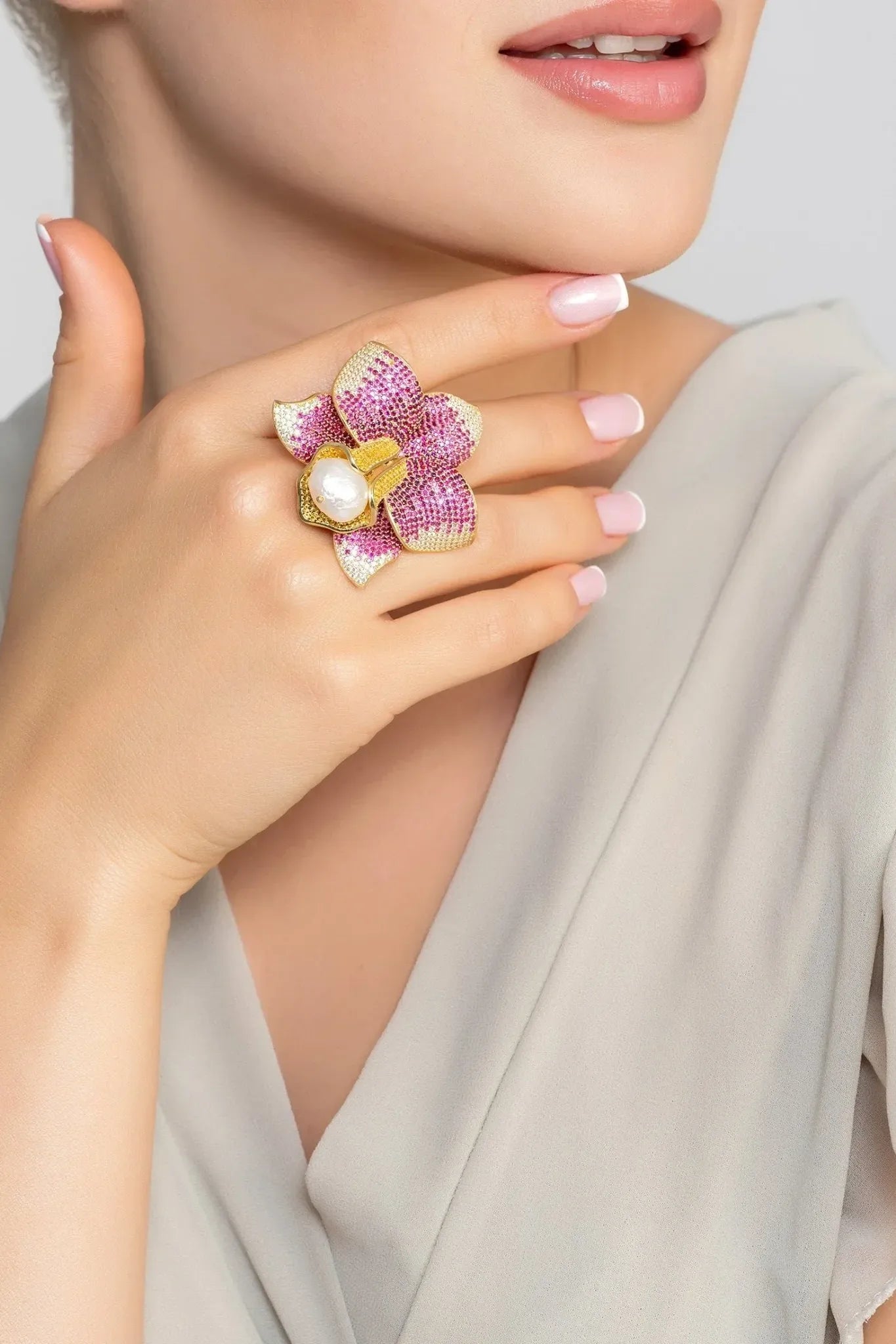 Daffodil With Pearl Cocktail Ring Gold Ruby CZ - LATELITA Rings