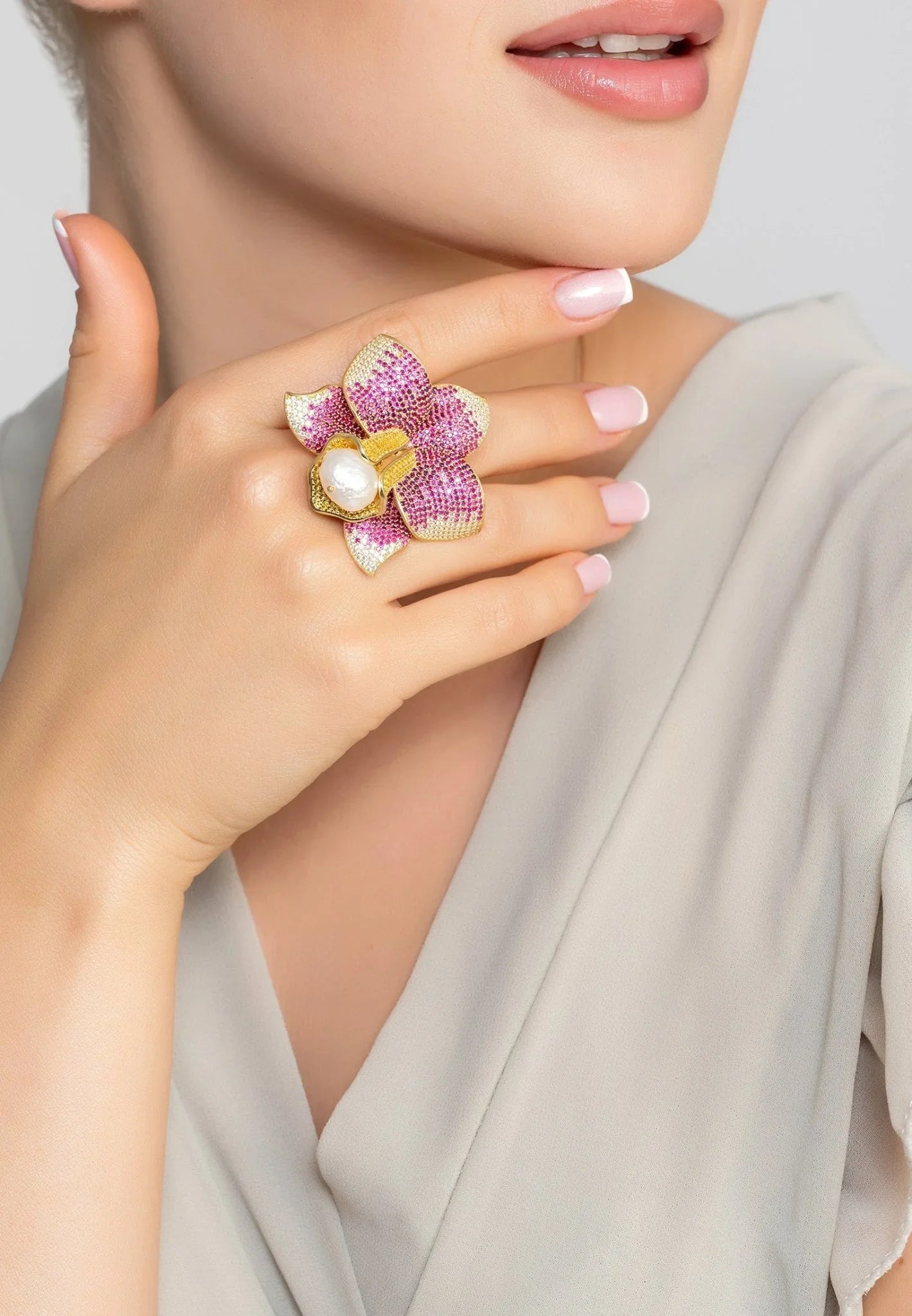 Daffodil With Pearl Cocktail Ring Gold Ruby CZ - LATELITA Rings