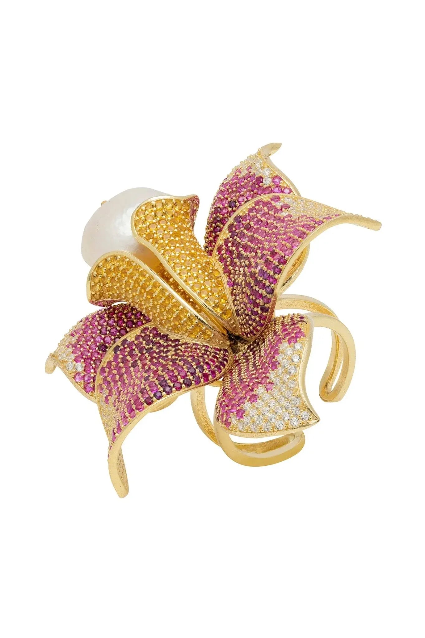 Daffodil With Pearl Cocktail Ring Gold Ruby CZ - LATELITA Rings