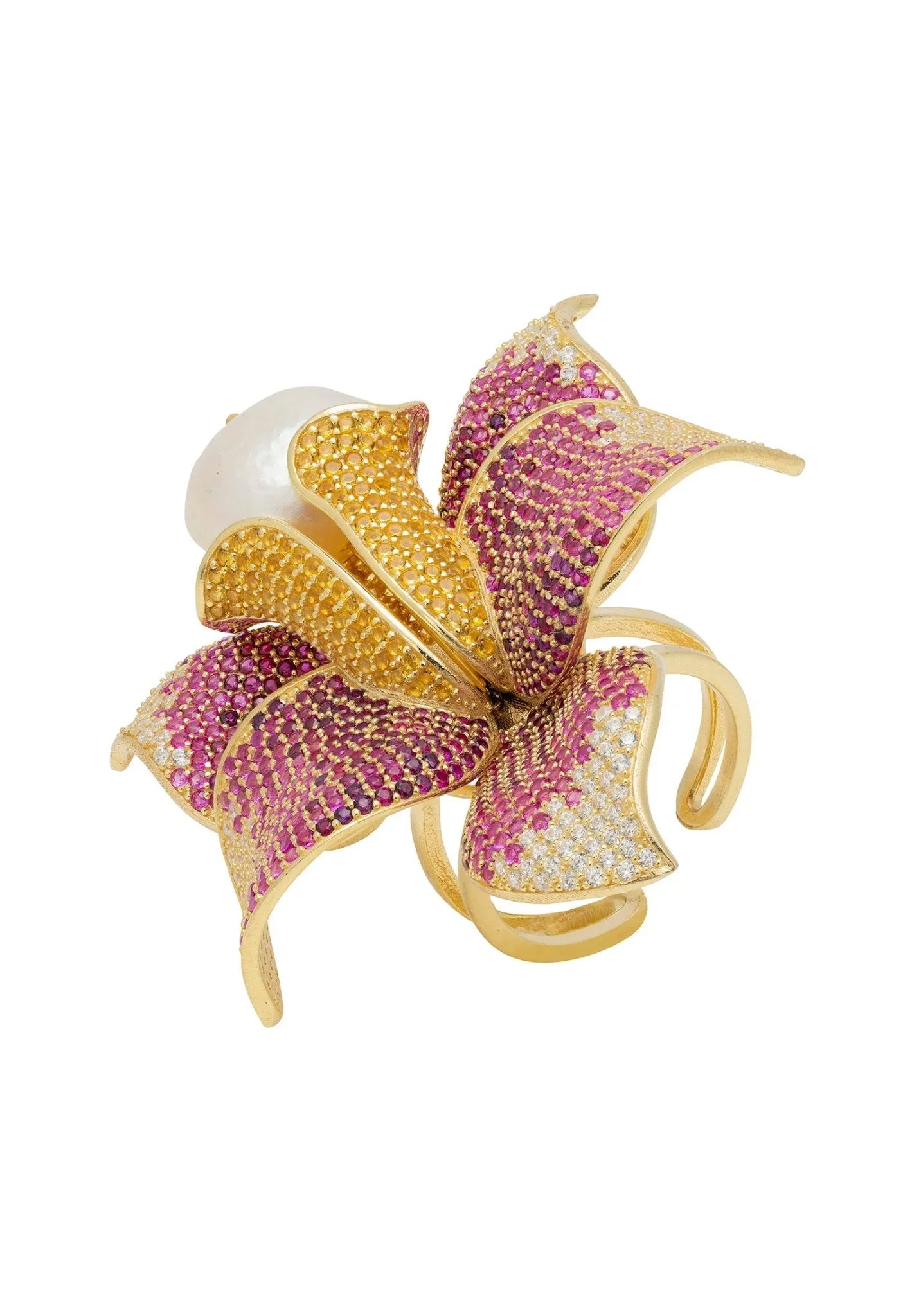 Daffodil With Pearl Cocktail Ring Gold Ruby CZ - LATELITA Rings