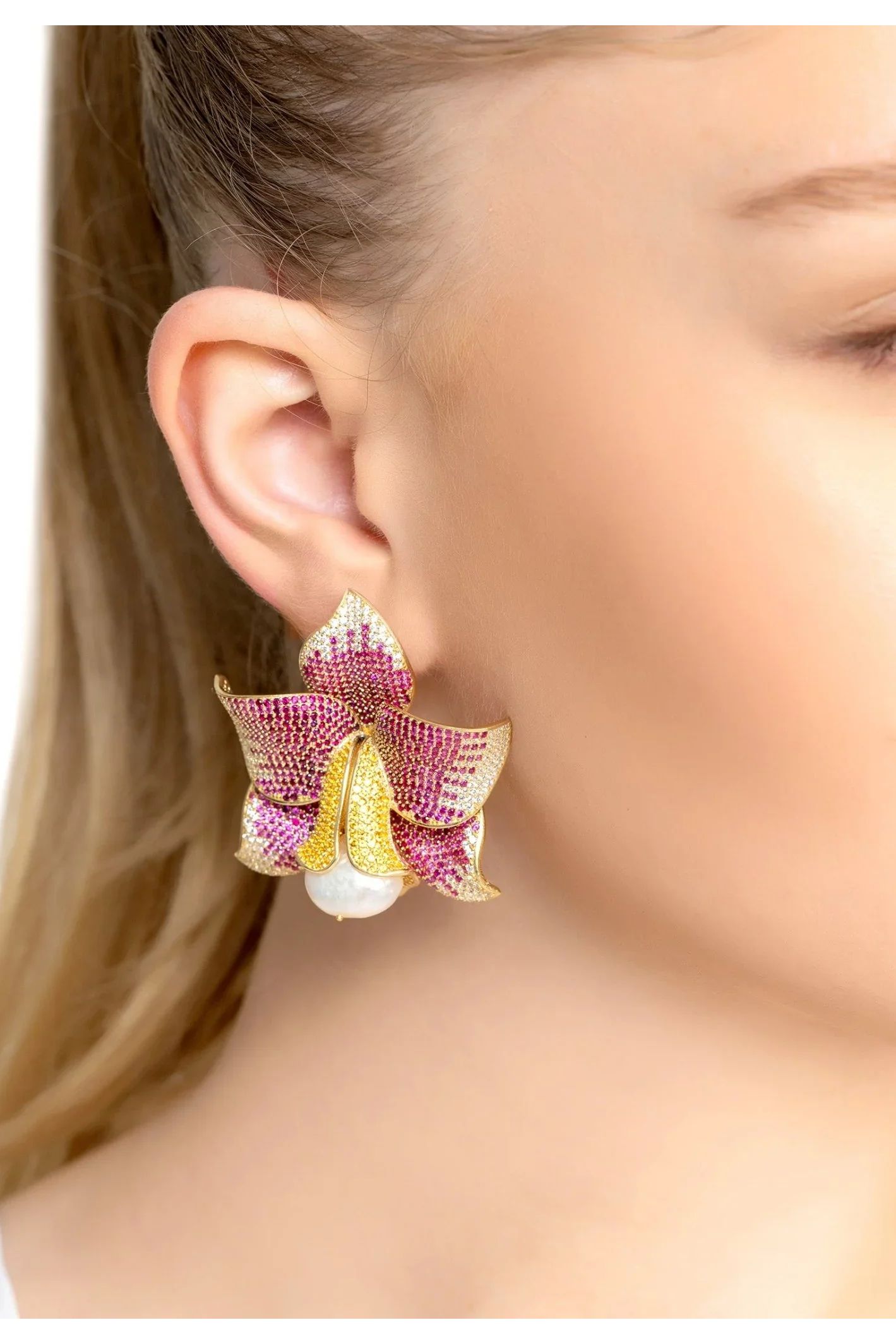 Daffodil With Pearl Earrings Gold Ruby CZ - LATELITA Earrings