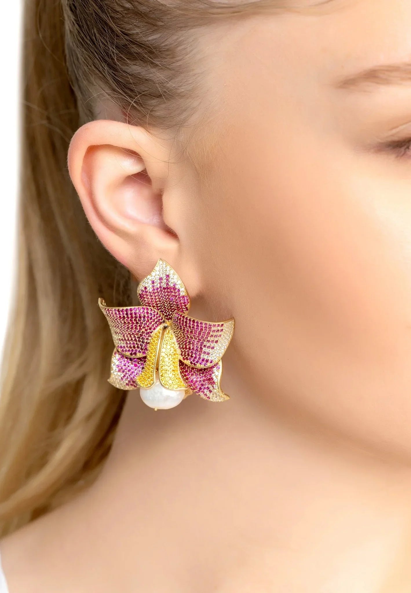 Daffodil With Pearl Earrings Gold Ruby CZ - LATELITA Earrings