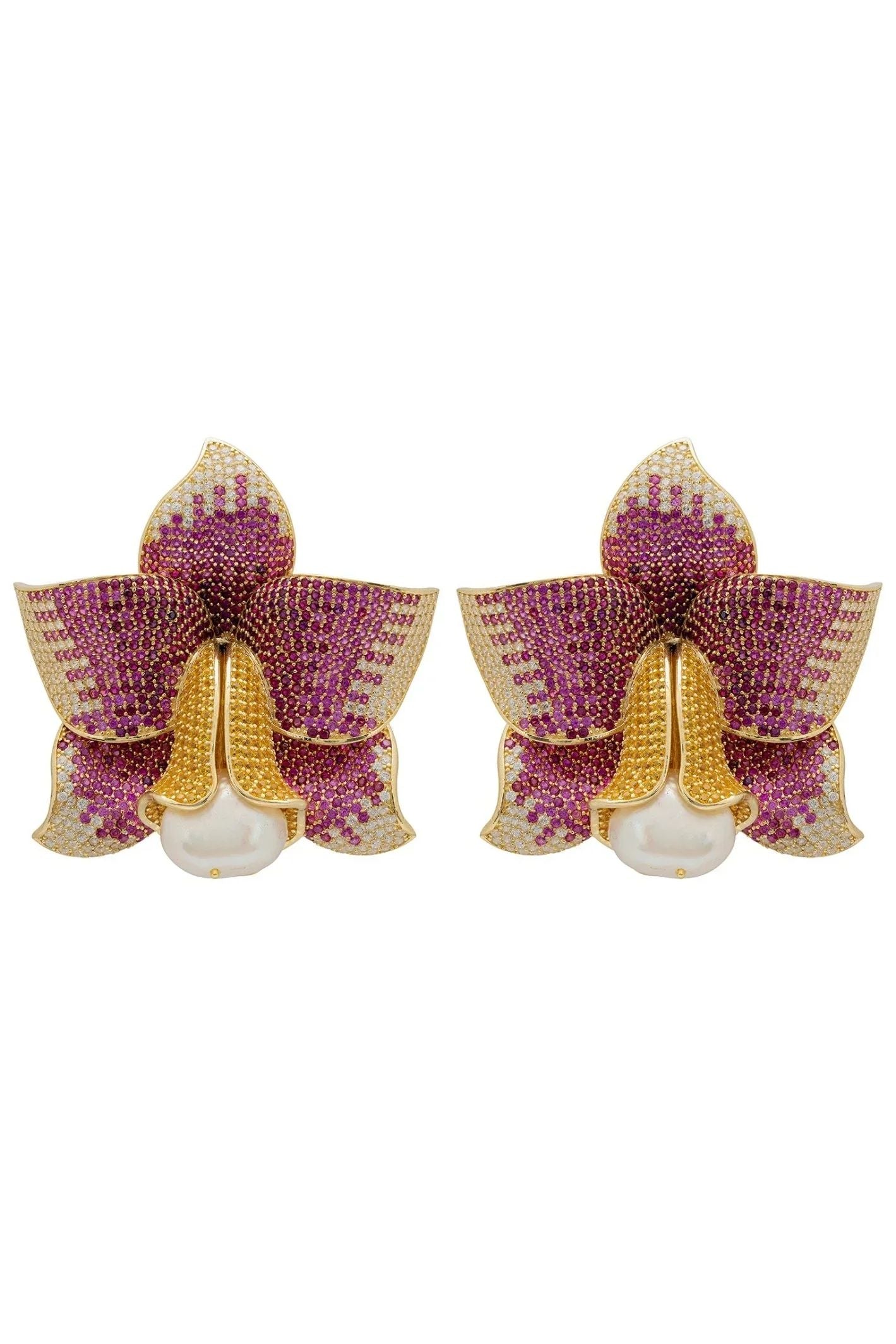 Daffodil With Pearl Earrings Gold Ruby CZ - LATELITA Earrings