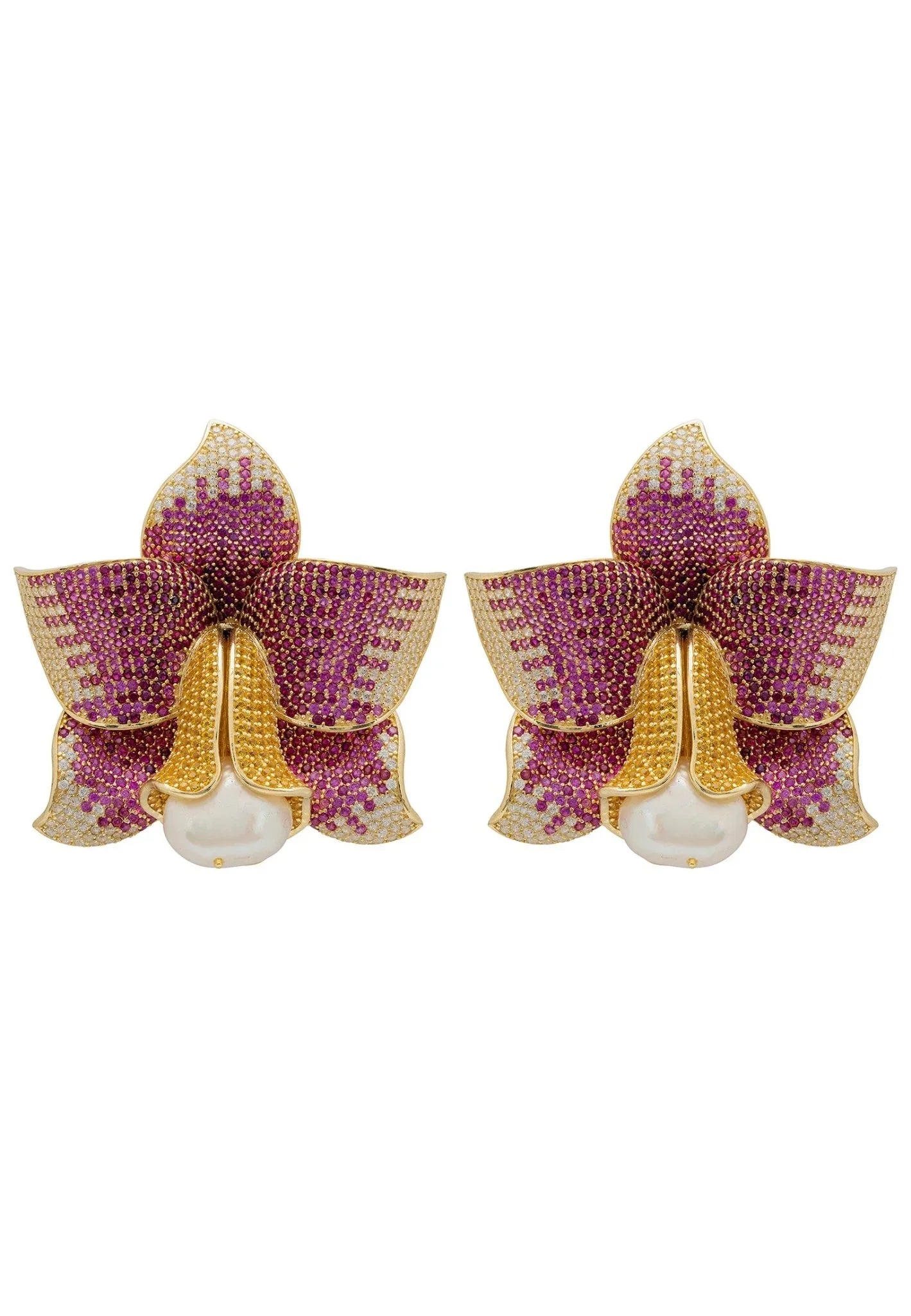 Daffodil With Pearl Earrings Gold Ruby CZ - LATELITA Earrings