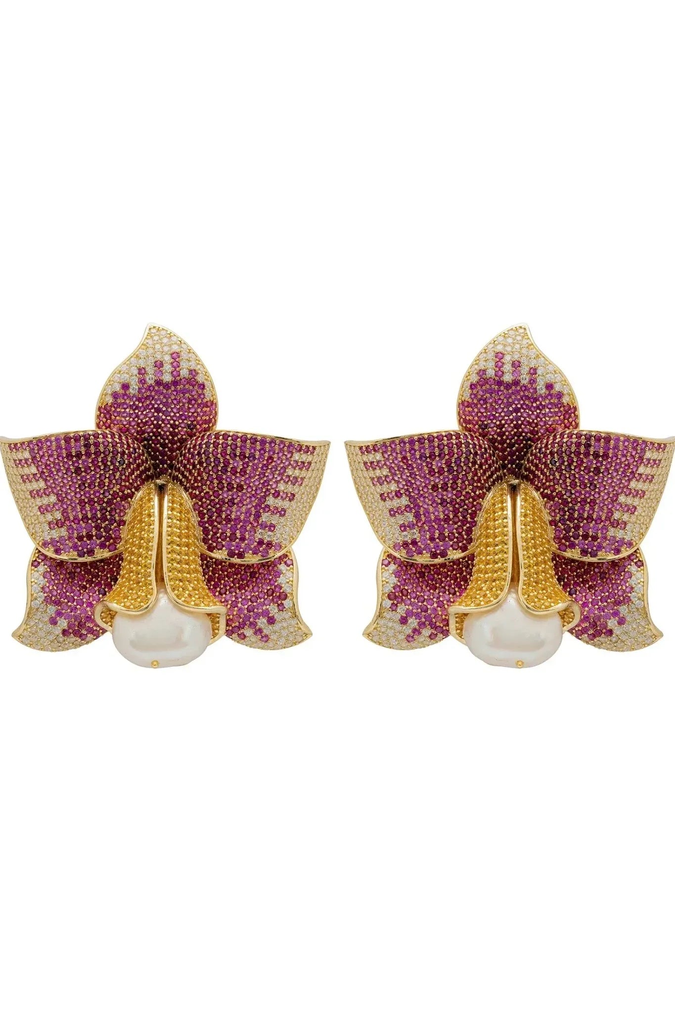 Daffodil With Pearl Earrings Gold Ruby CZ - LATELITA Earrings