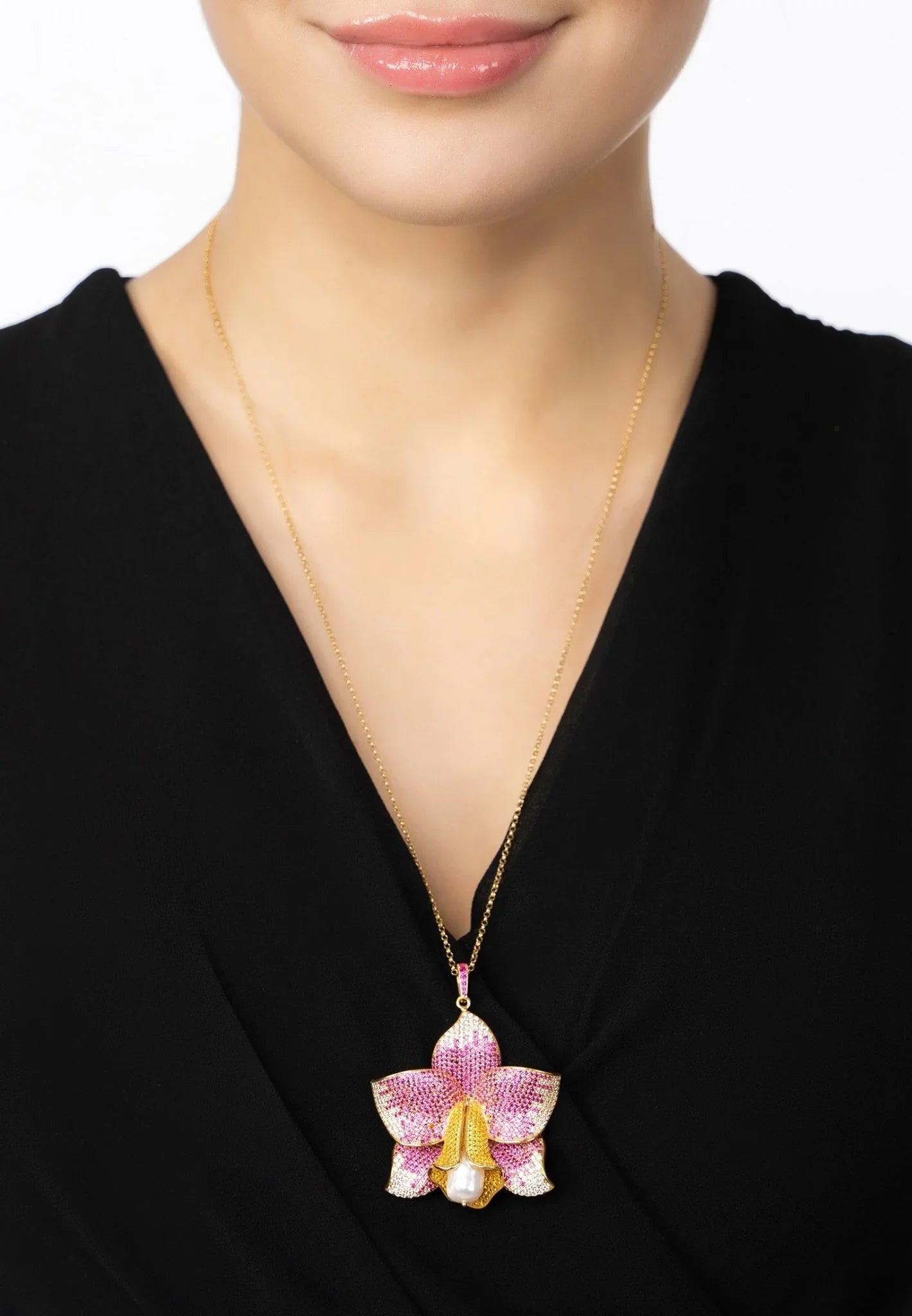 Daffodil With Pearl Pendant Necklace Gold Ruby CZ - LATELITA Necklaces