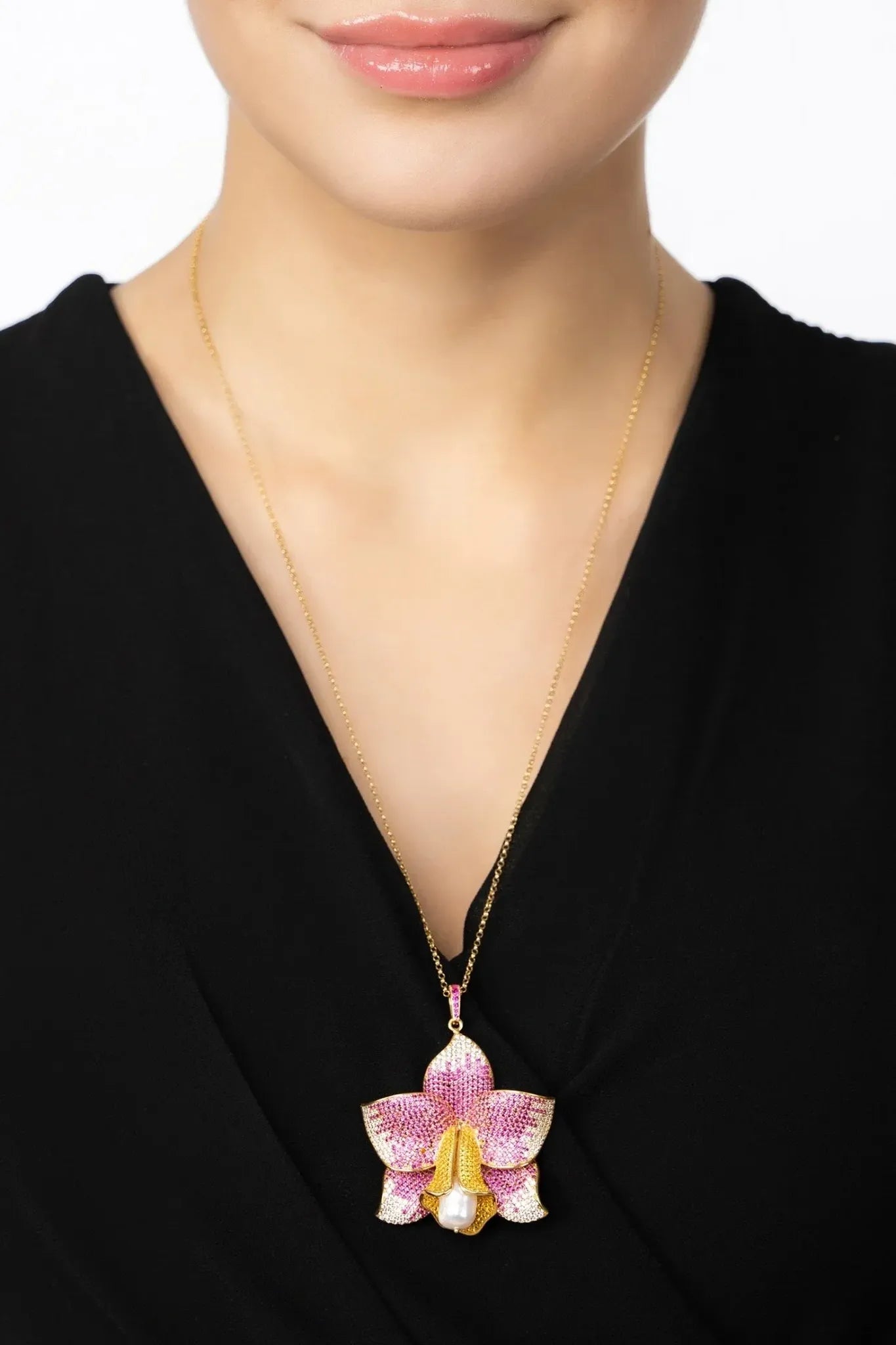 Daffodil With Pearl Pendant Necklace Gold Ruby CZ - LATELITA Necklaces