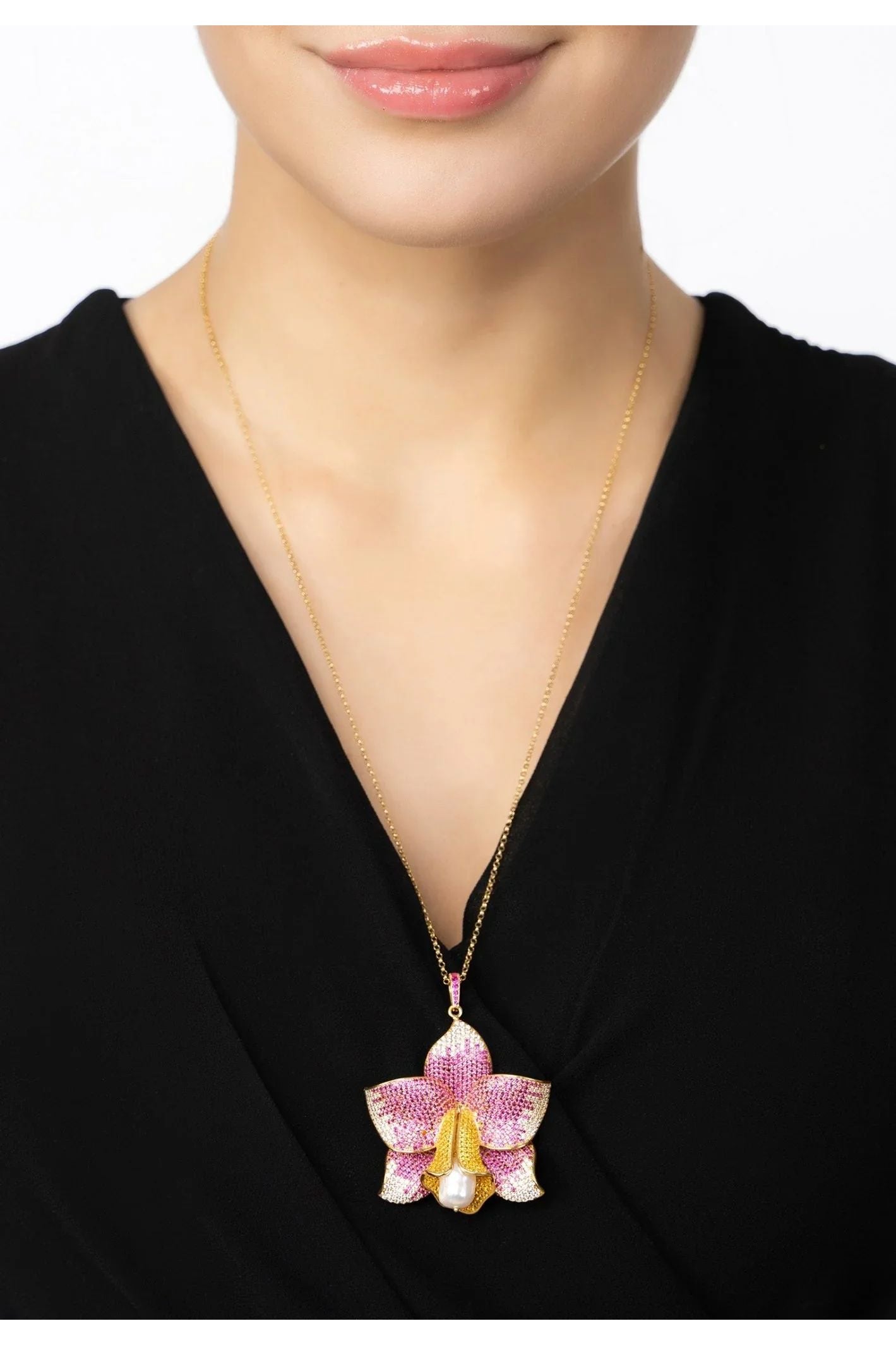 Daffodil With Pearl Pendant Necklace Gold Ruby CZ - LATELITA Necklaces