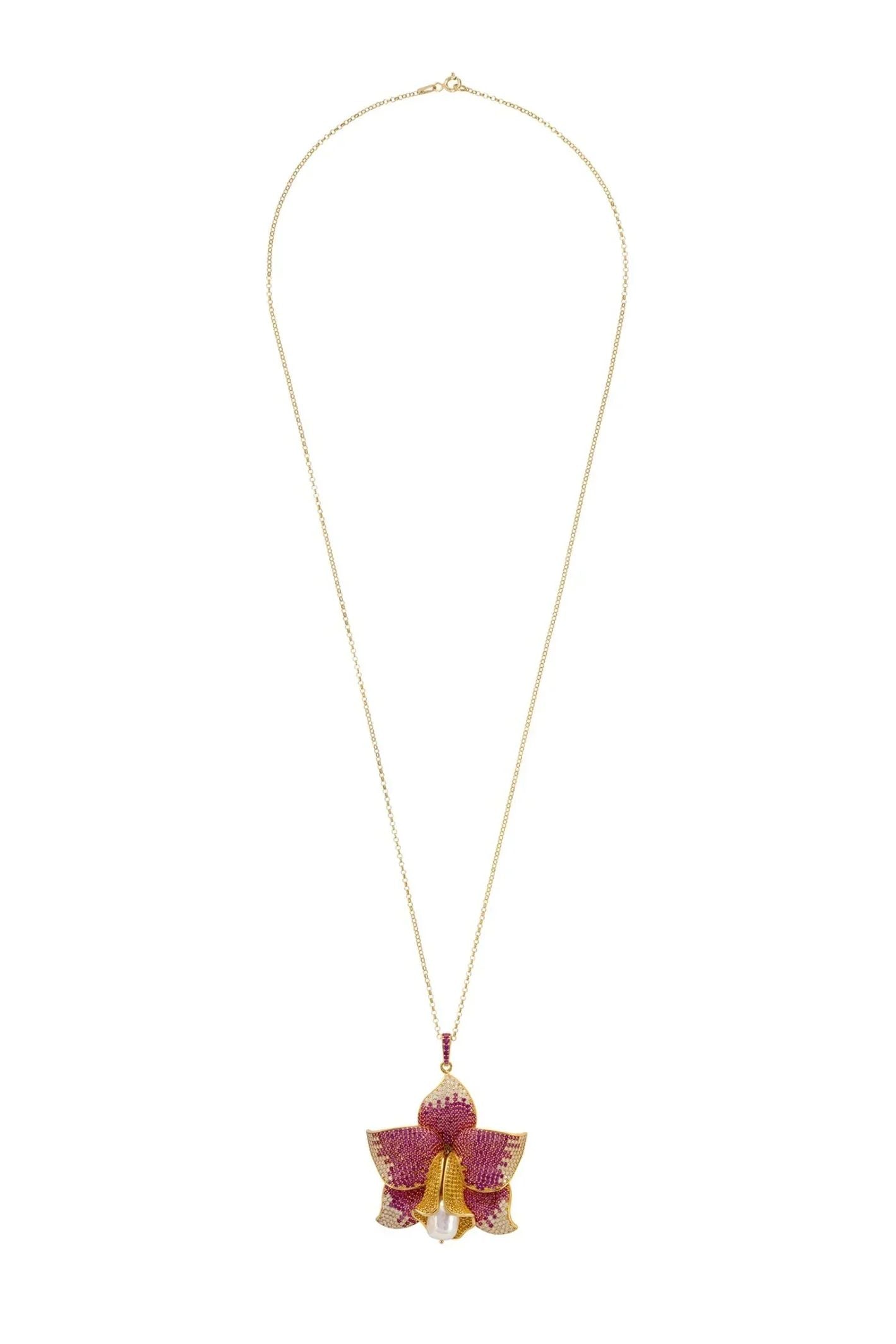 Daffodil With Pearl Pendant Necklace Gold Ruby CZ - LATELITA Necklaces