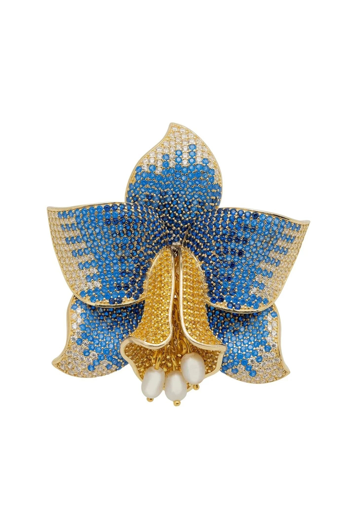 Daffodil With Pearls Cocktail Ring Gold Sapphire CZ - LATELITA Rings