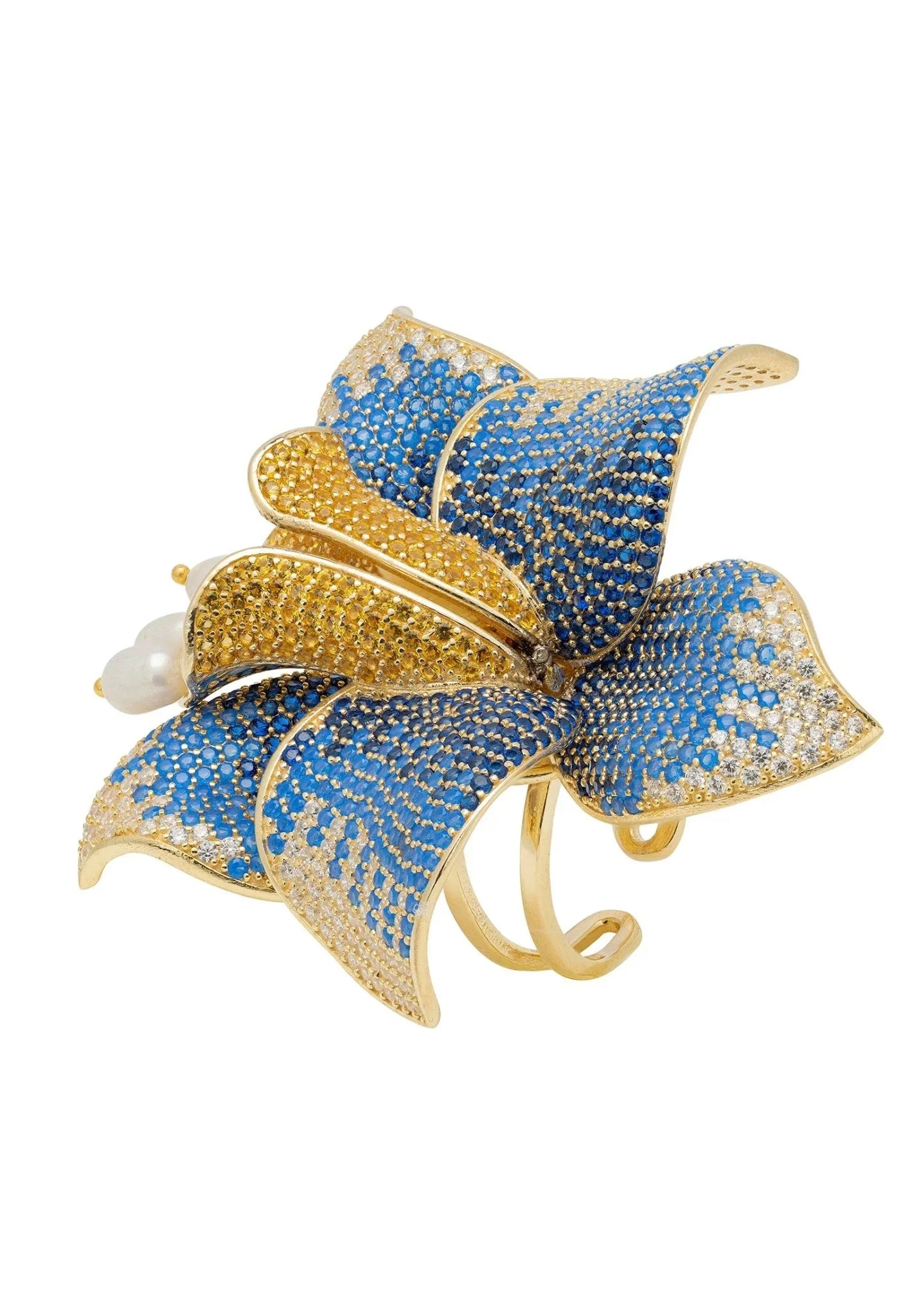 Daffodil With Pearls Cocktail Ring Gold Sapphire CZ - LATELITA Rings