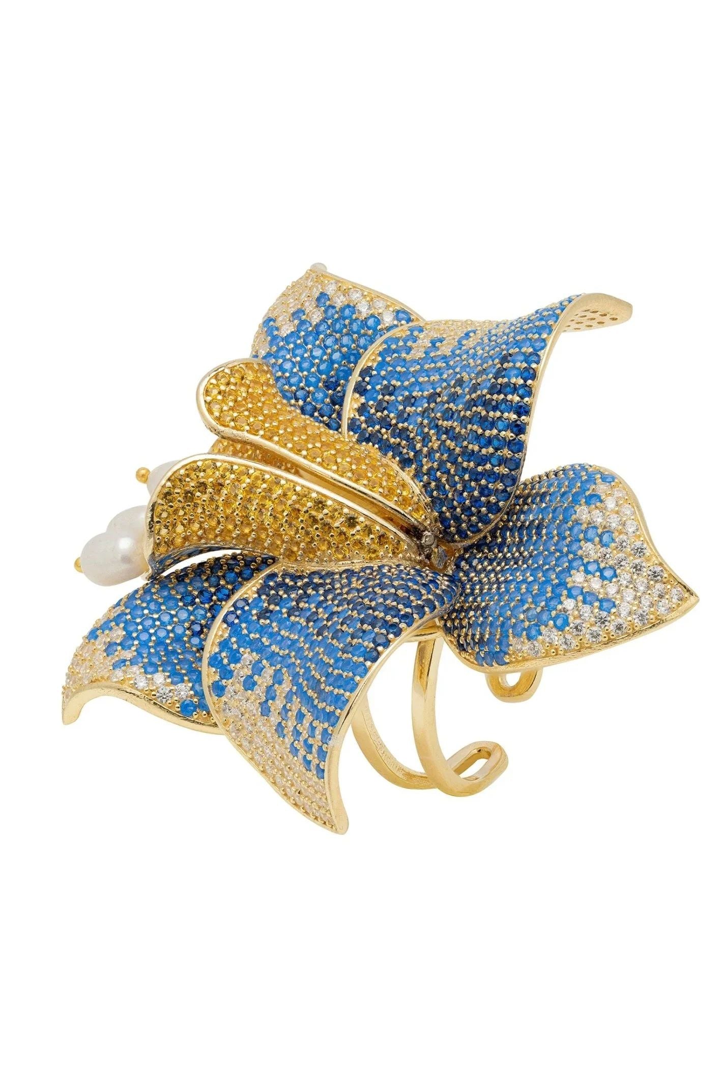 Daffodil With Pearls Cocktail Ring Gold Sapphire CZ - LATELITA Rings