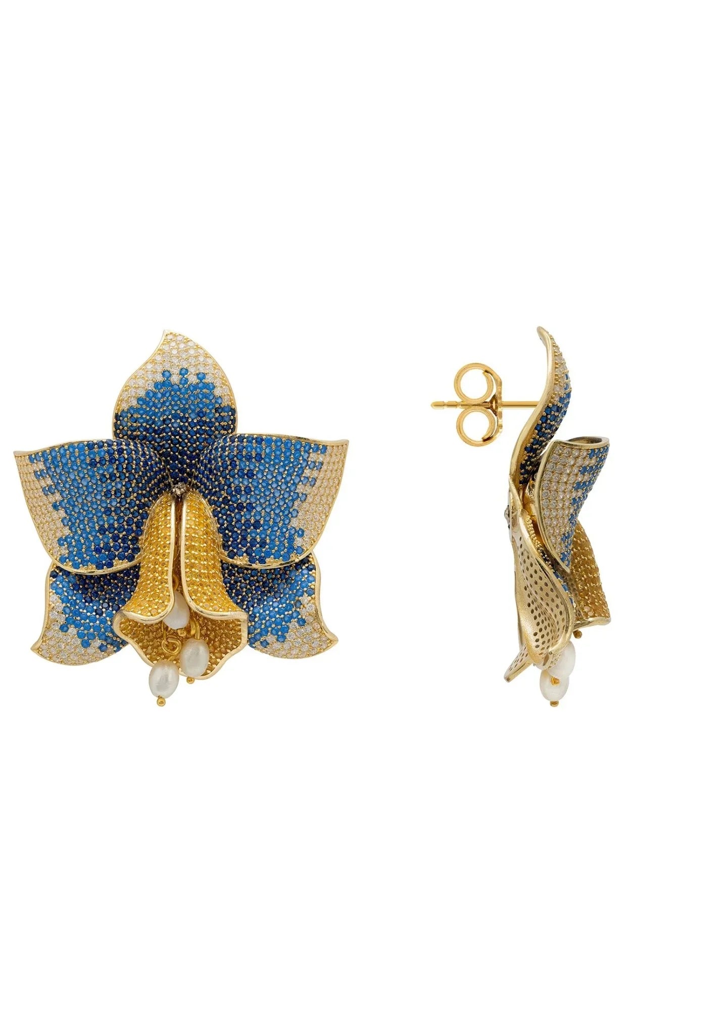 Daffodil With Pearls Earrings Gold Sapphire CZ - LATELITA Earrings