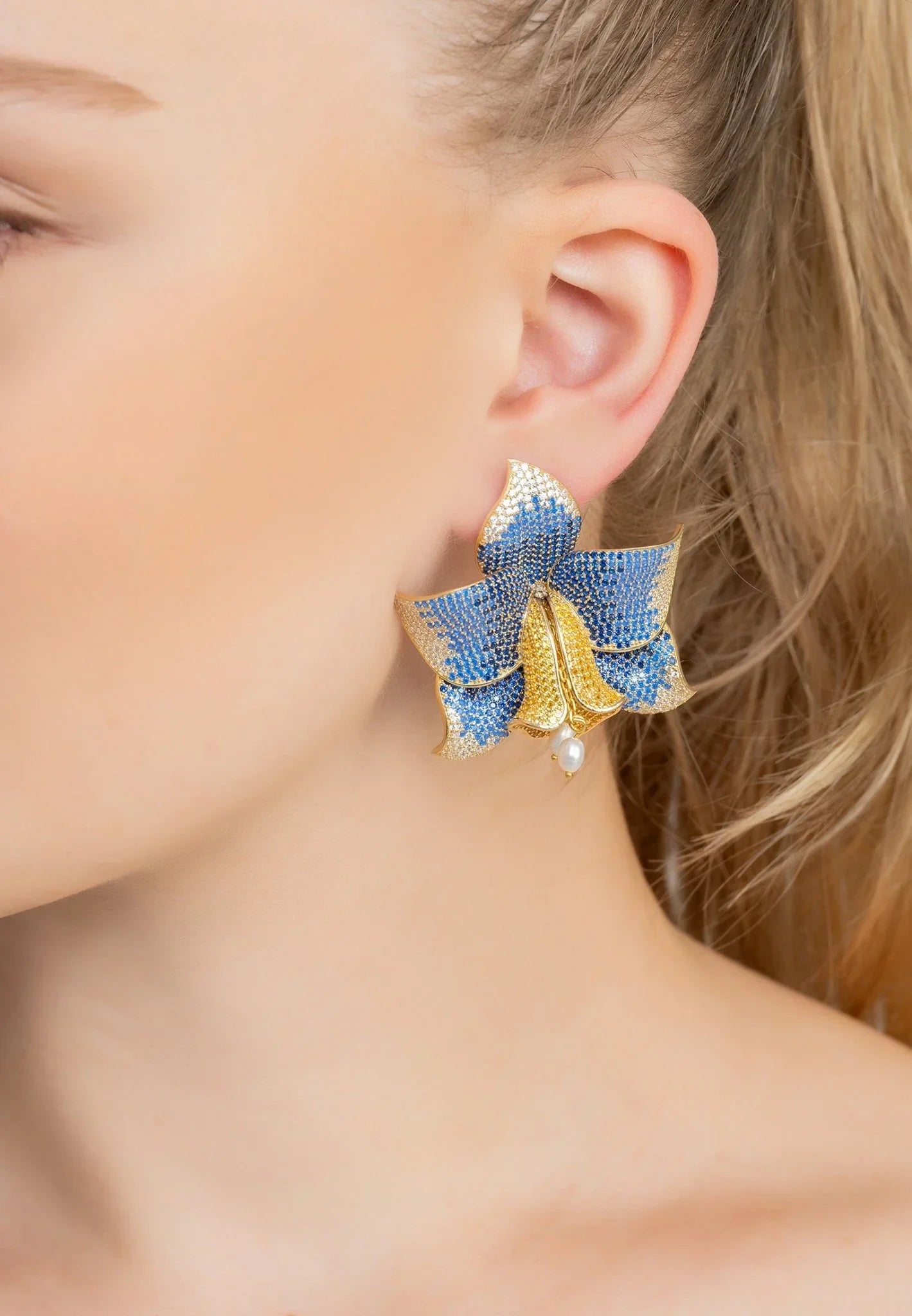 Daffodil With Pearls Earrings Gold Sapphire CZ - LATELITA Earrings