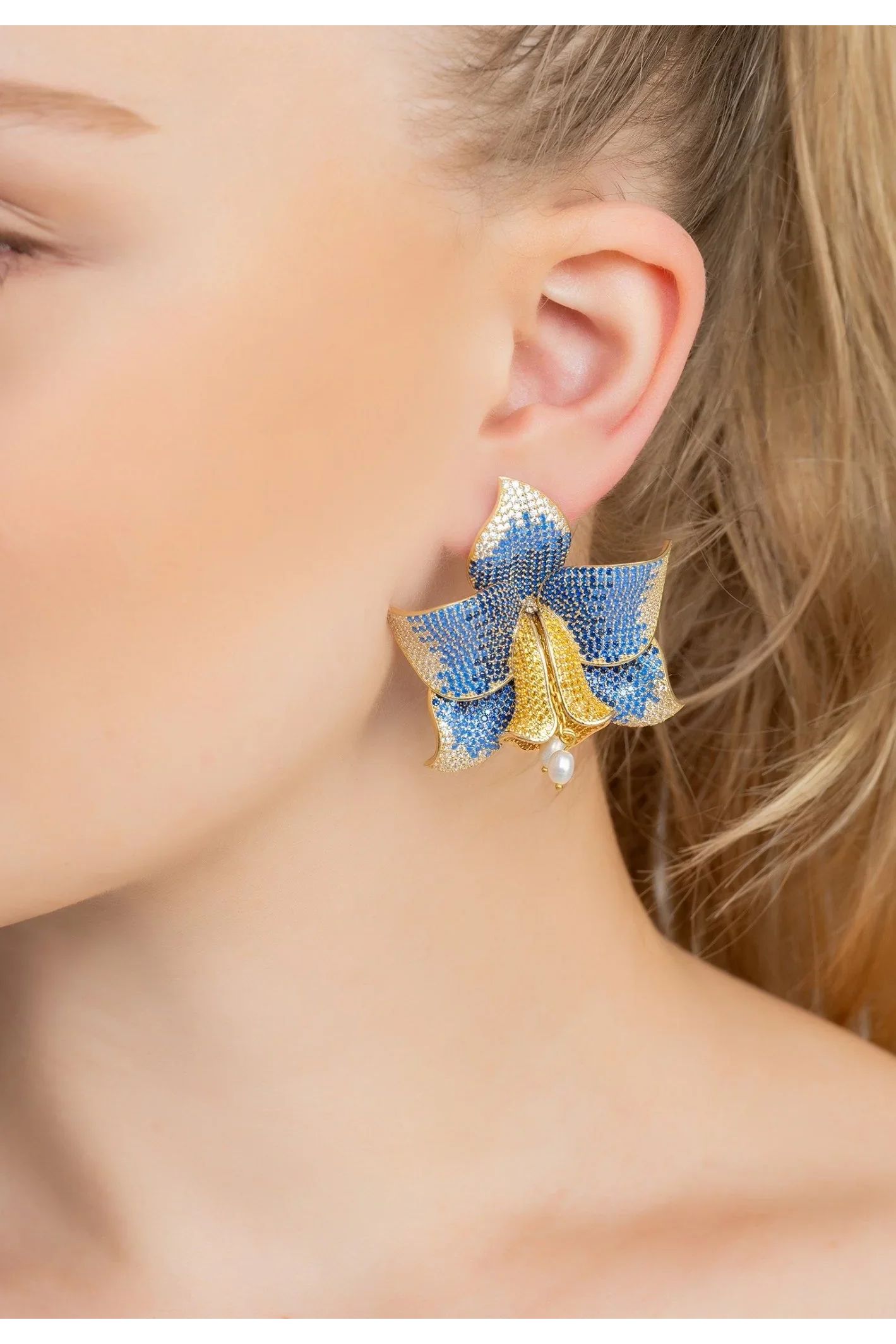Daffodil With Pearls Earrings Gold Sapphire CZ - LATELITA Earrings