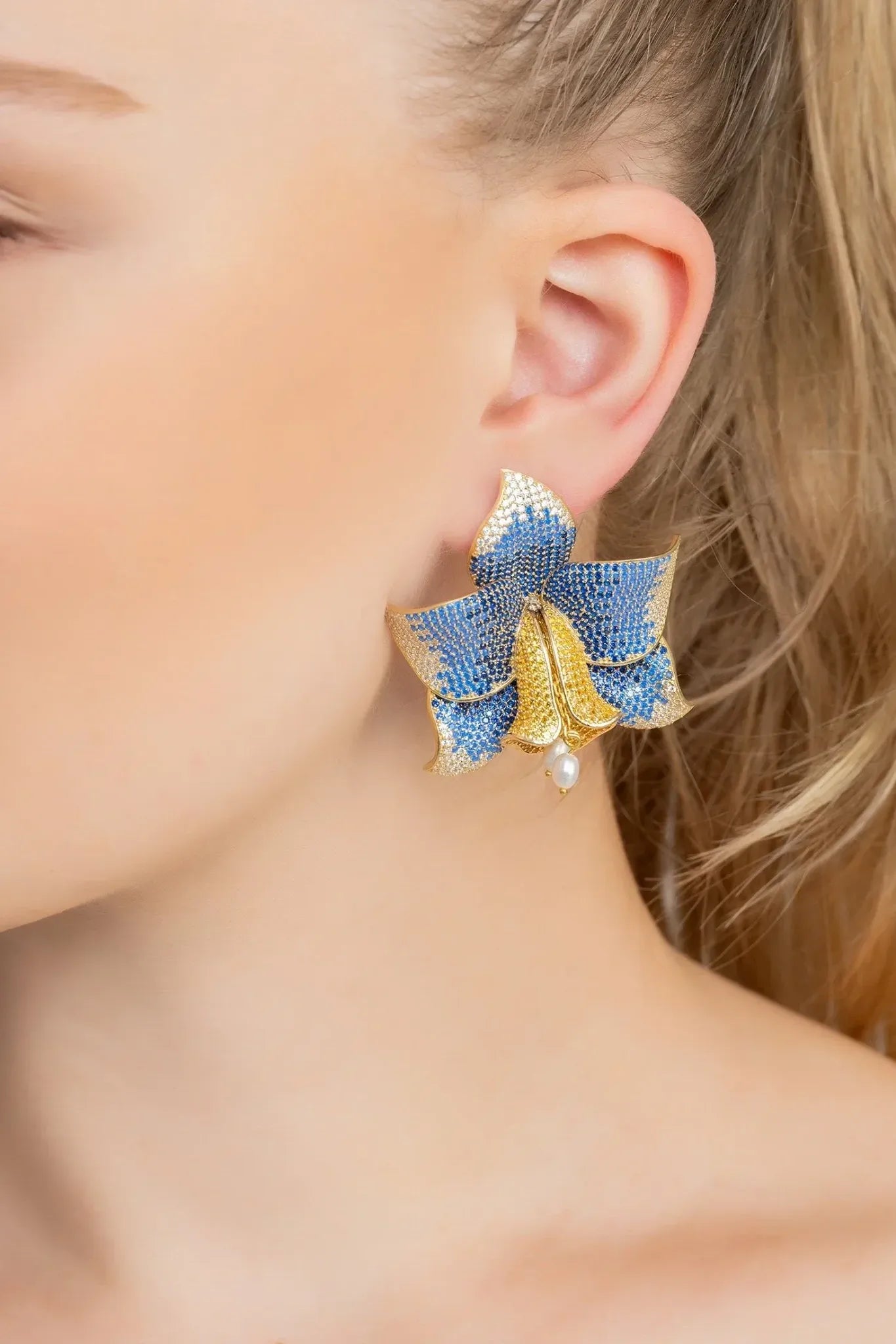 Daffodil With Pearls Earrings Gold Sapphire CZ - LATELITA Earrings