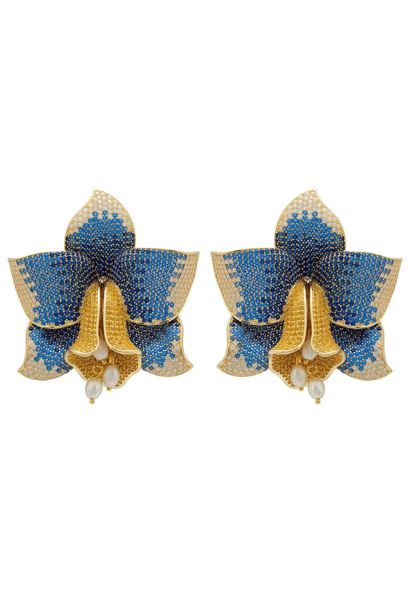 Daffodil With Pearls Earrings Gold Sapphire CZ - LATELITA Earrings