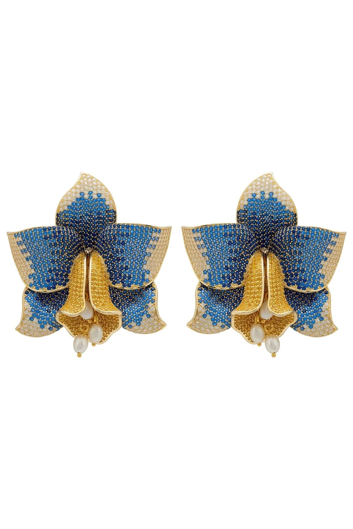 Daffodil With Pearls Earrings Gold Sapphire CZ - LATELITA Earrings